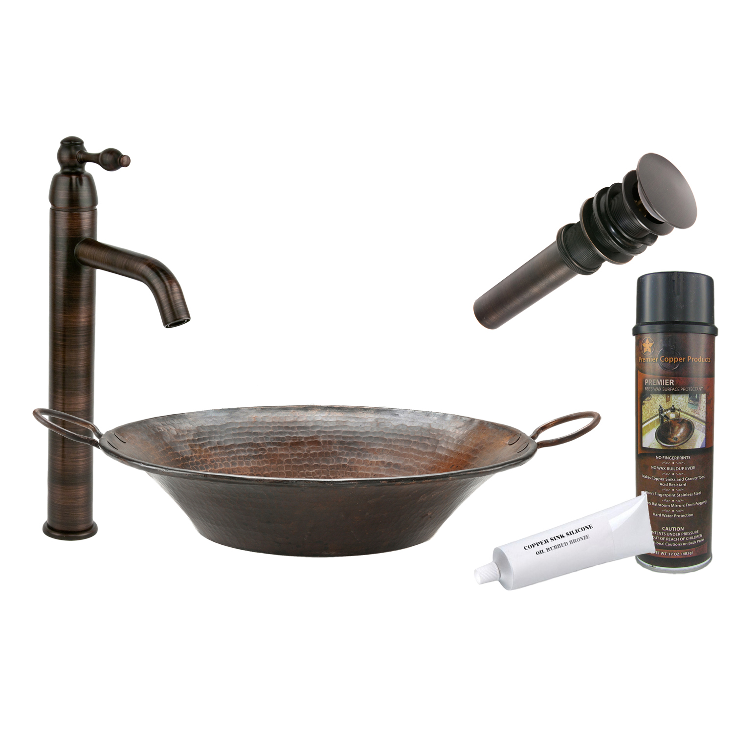 Round Miners Pan Vessel Hammered Copper Sink, Faucet And Accessories Package, Oil Rubbed Bronze