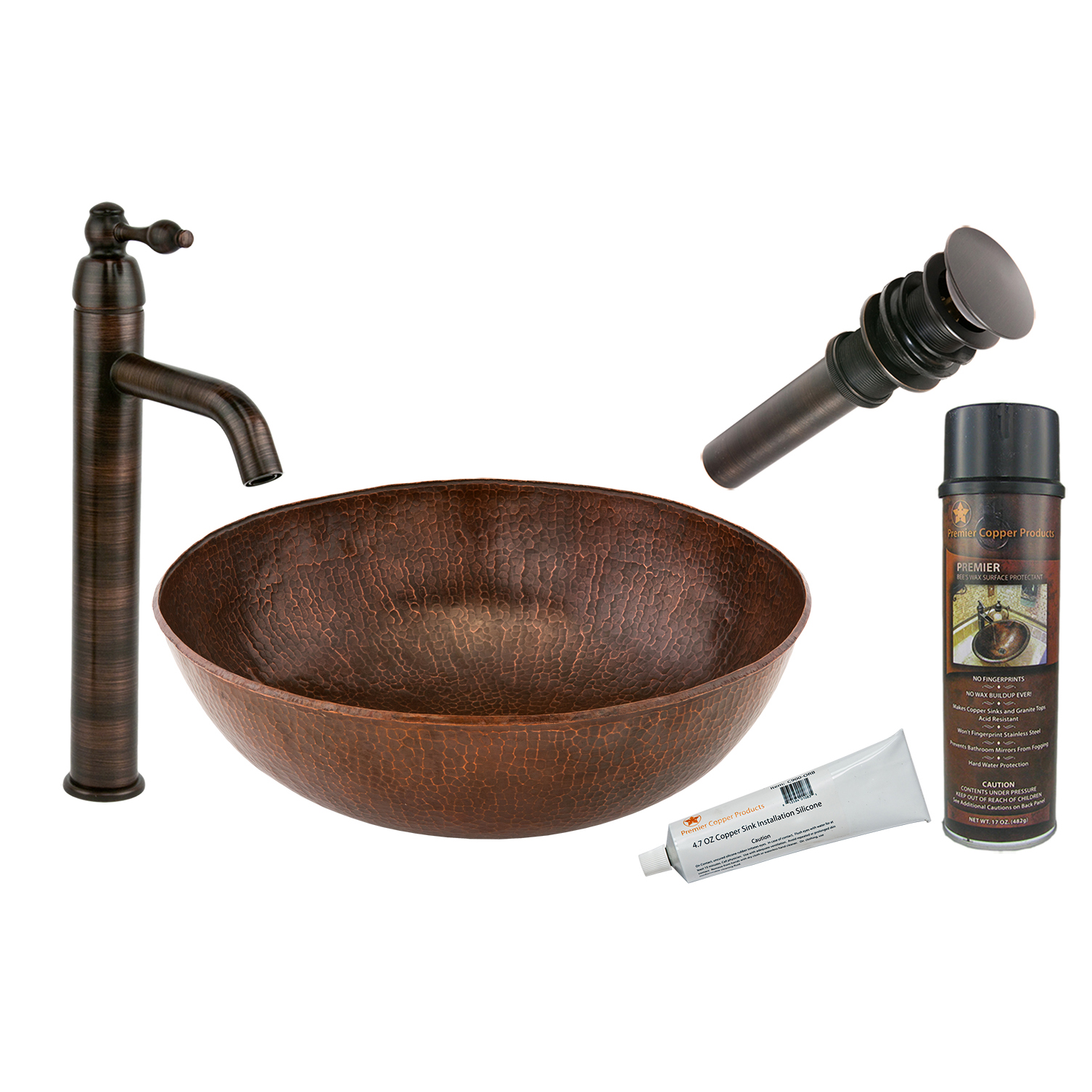 Large Round Vessel Hammered Copper Sink, Faucet And Accessories Package, Oil Rubbed Bronze