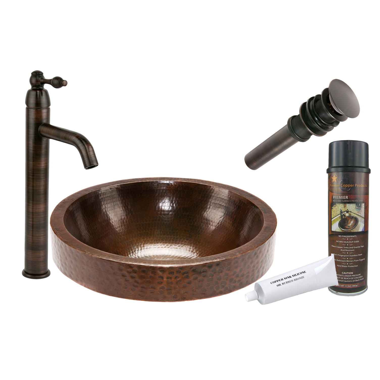 Round Skirted Vessel Hammered Copper Sink, Faucet And Accessories Package, Oil Rubbed Bronze