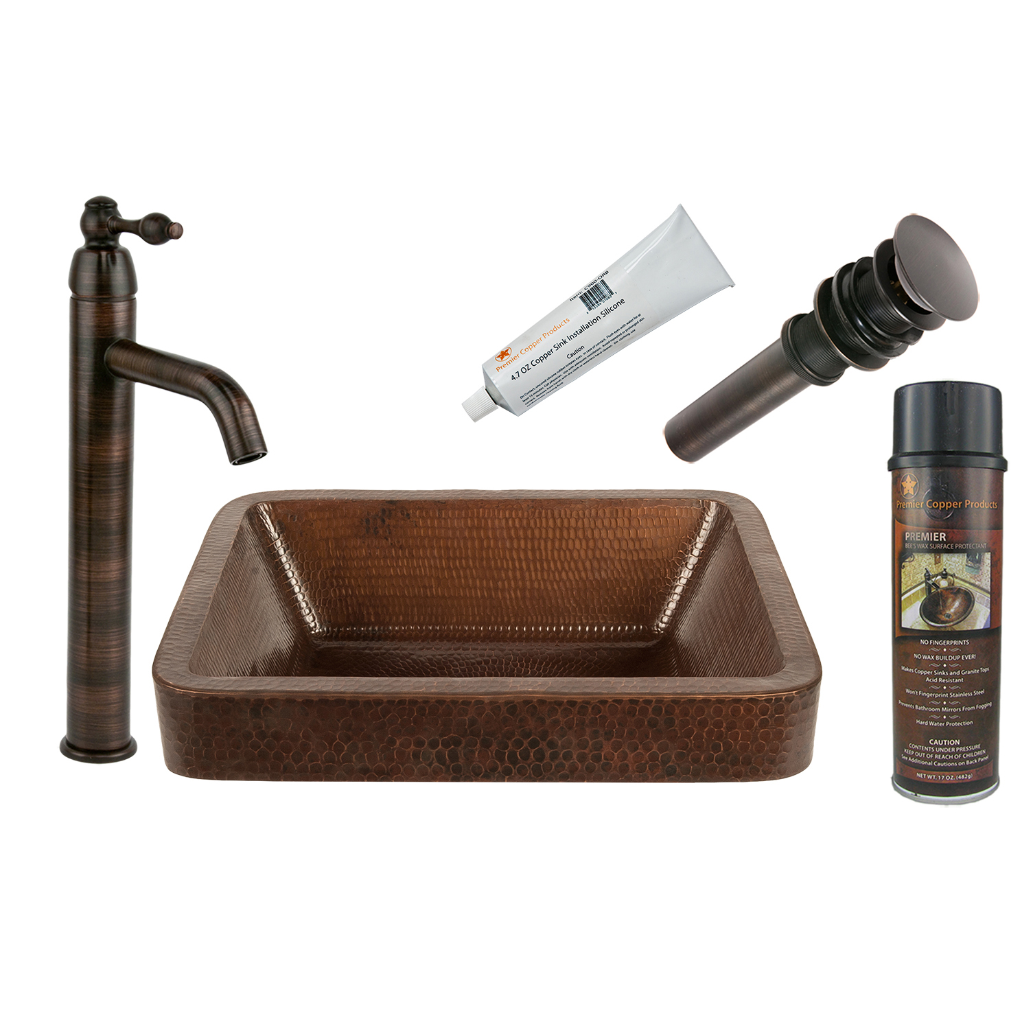 17 Inch Rectangle Skirted Vessel Hammered Copper Sink, Faucet And Accessories Package, Oil Rubbed Bronze