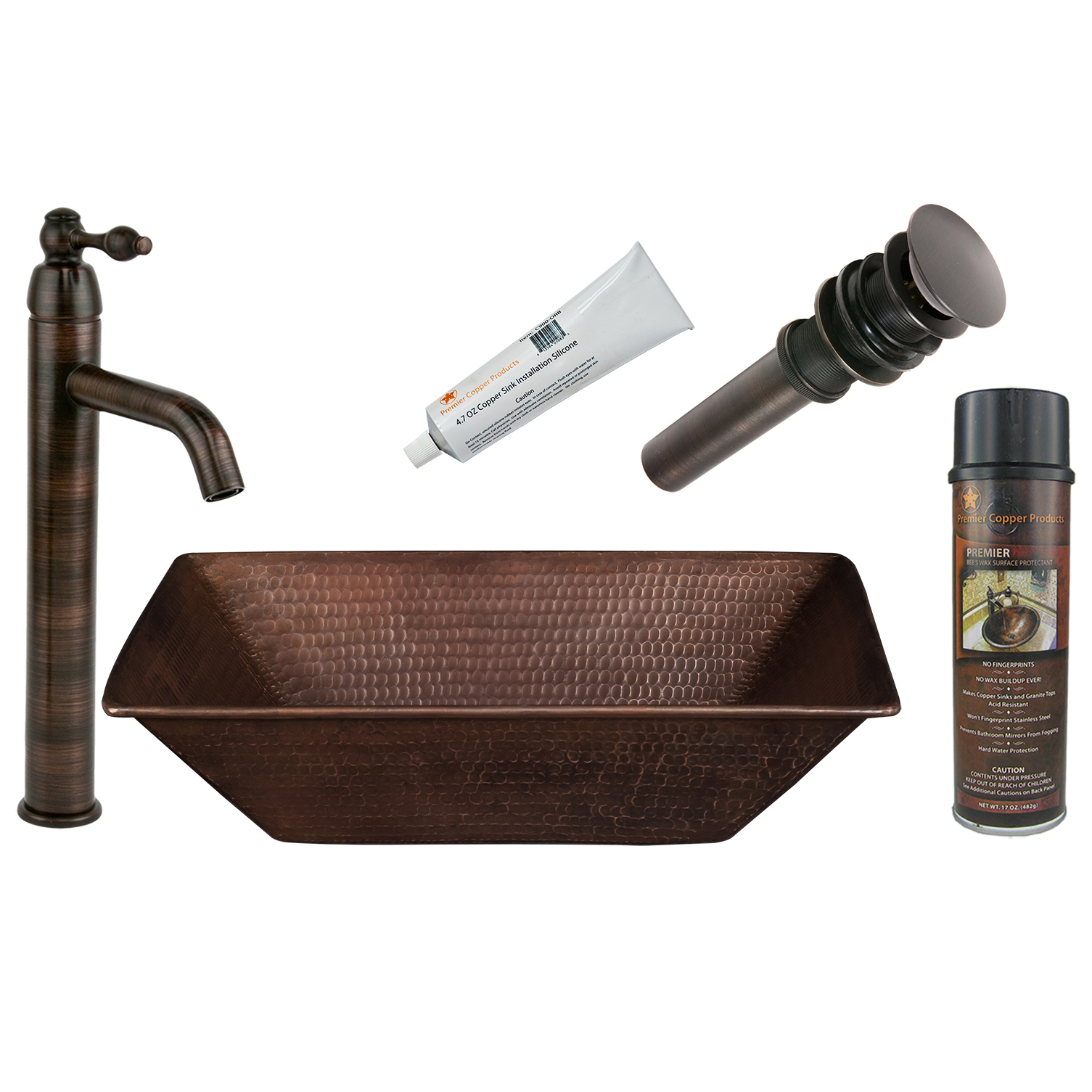 17 Inch Rectangle Wired Rim Vessel Hammered Copper Sink, Faucet And Accessories Package, Oil Rubbed Bronze