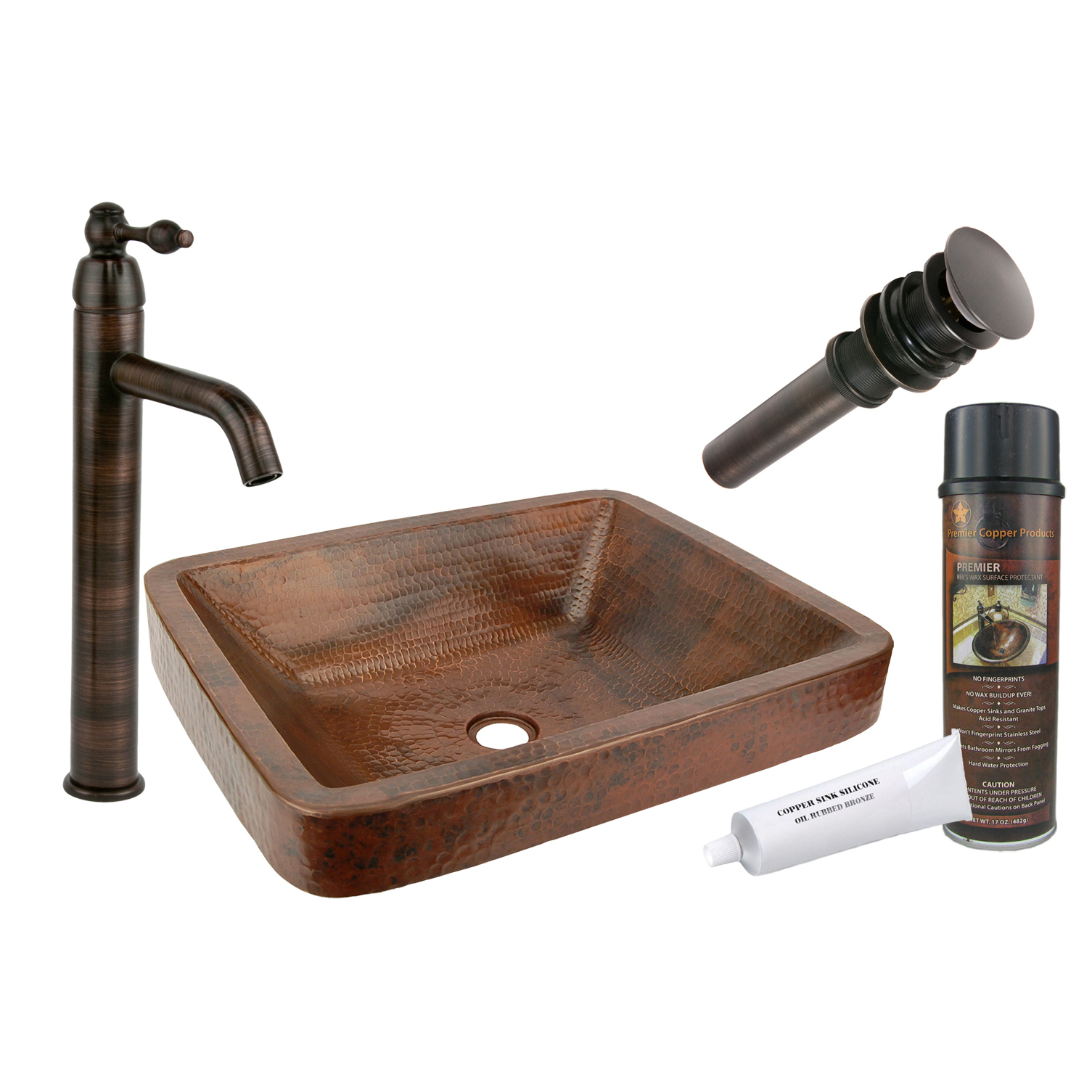 Rectangle Skirted Vessel Hammered Copper Sink, Faucet And Accessories Package, Oil Rubbed Bronze