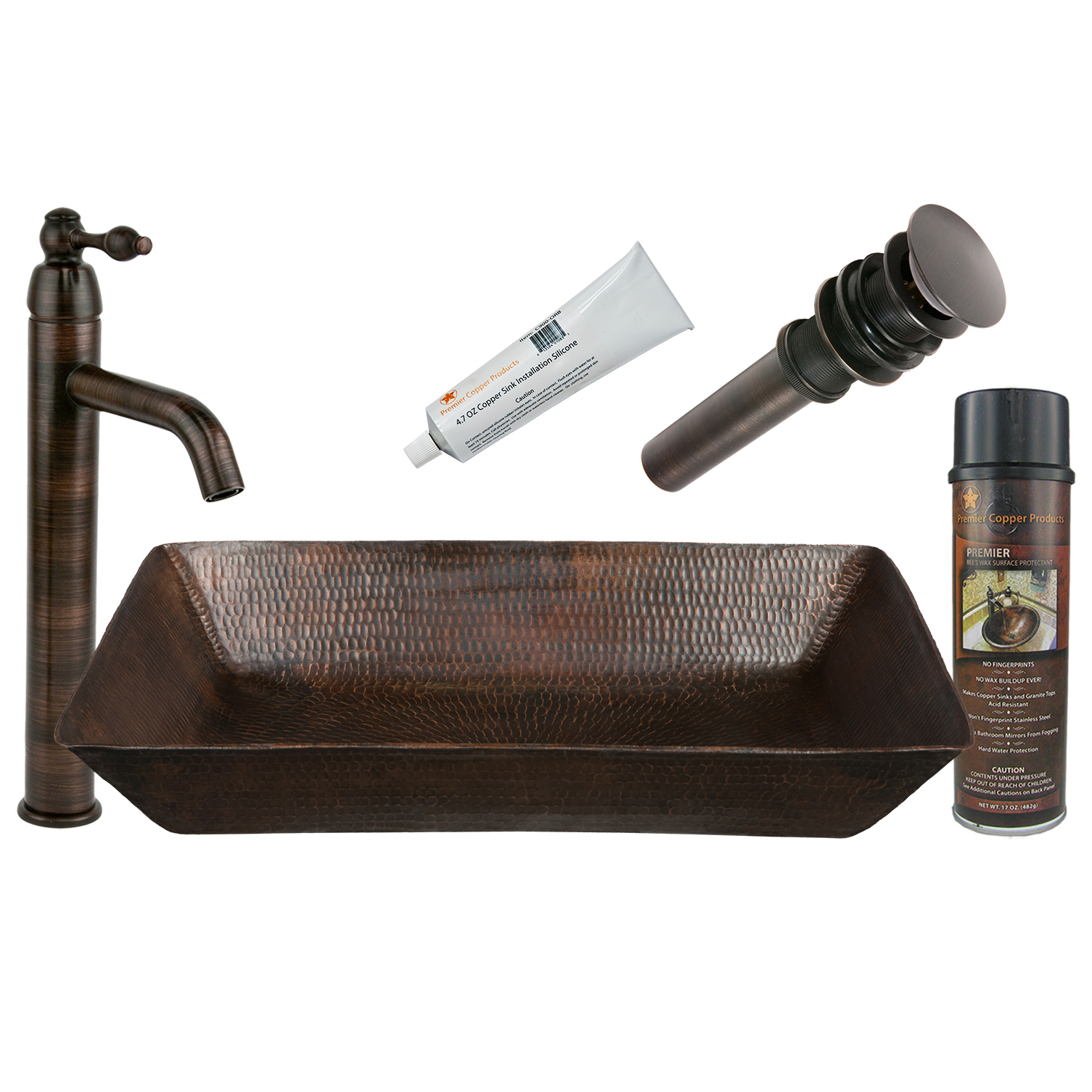 20 Inch Rectangle Vessel Hammered Copper Sink, Faucet And Accessories Package, Oil Rubbed Bronze