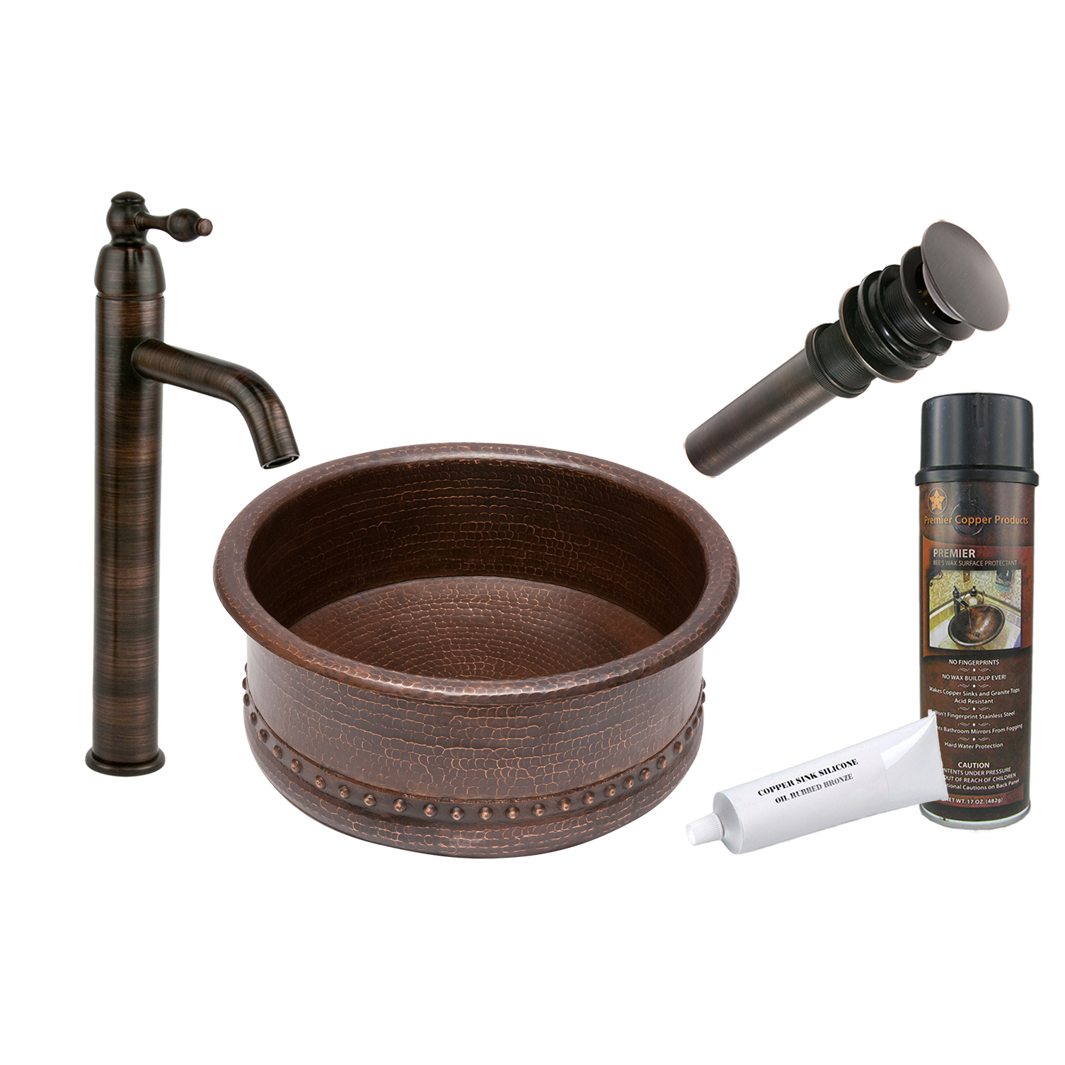 Round Vessel Tub Hammered Copper Sink, Faucet And Accessories Package, Oil Rubbed Bronze