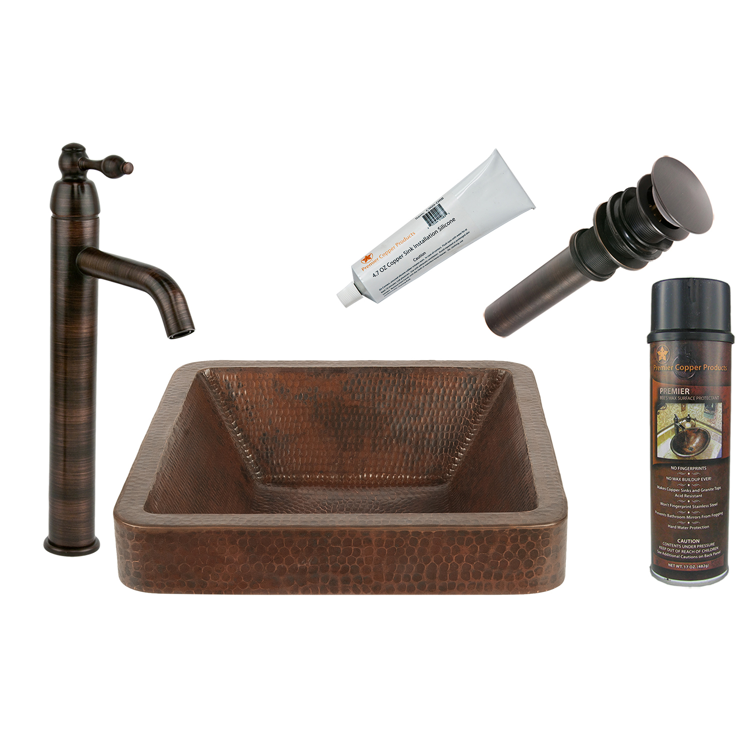 Square Skirted Vessel Hammered Copper Sink, Faucet And Accessories Package, Oil Rubbed Bronze