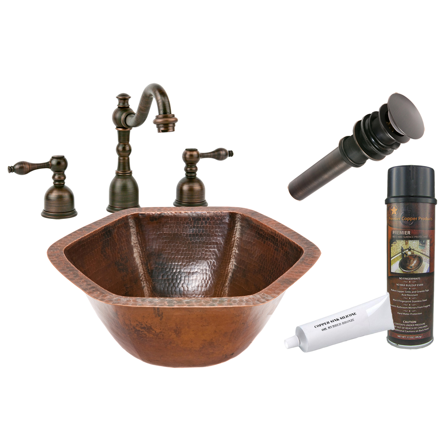 Hexagon Under Counter Hammered Copper Sink, Faucet And Accessories Package, Oil Rubbed Bronze