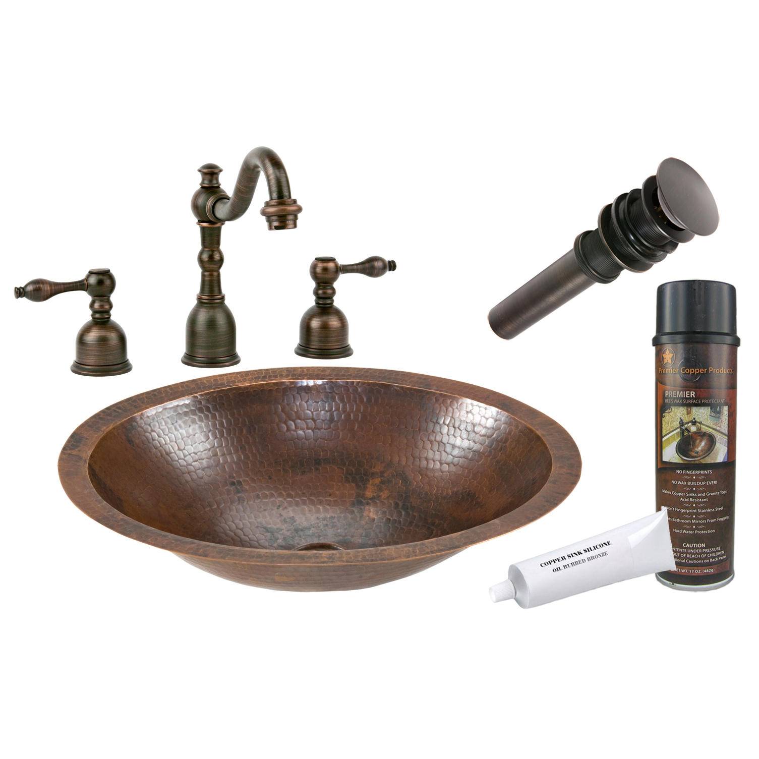 Small Oval Under Counter Hammered Copper Sink, Faucet And Accessories Package, Oil Rubbed Bronze