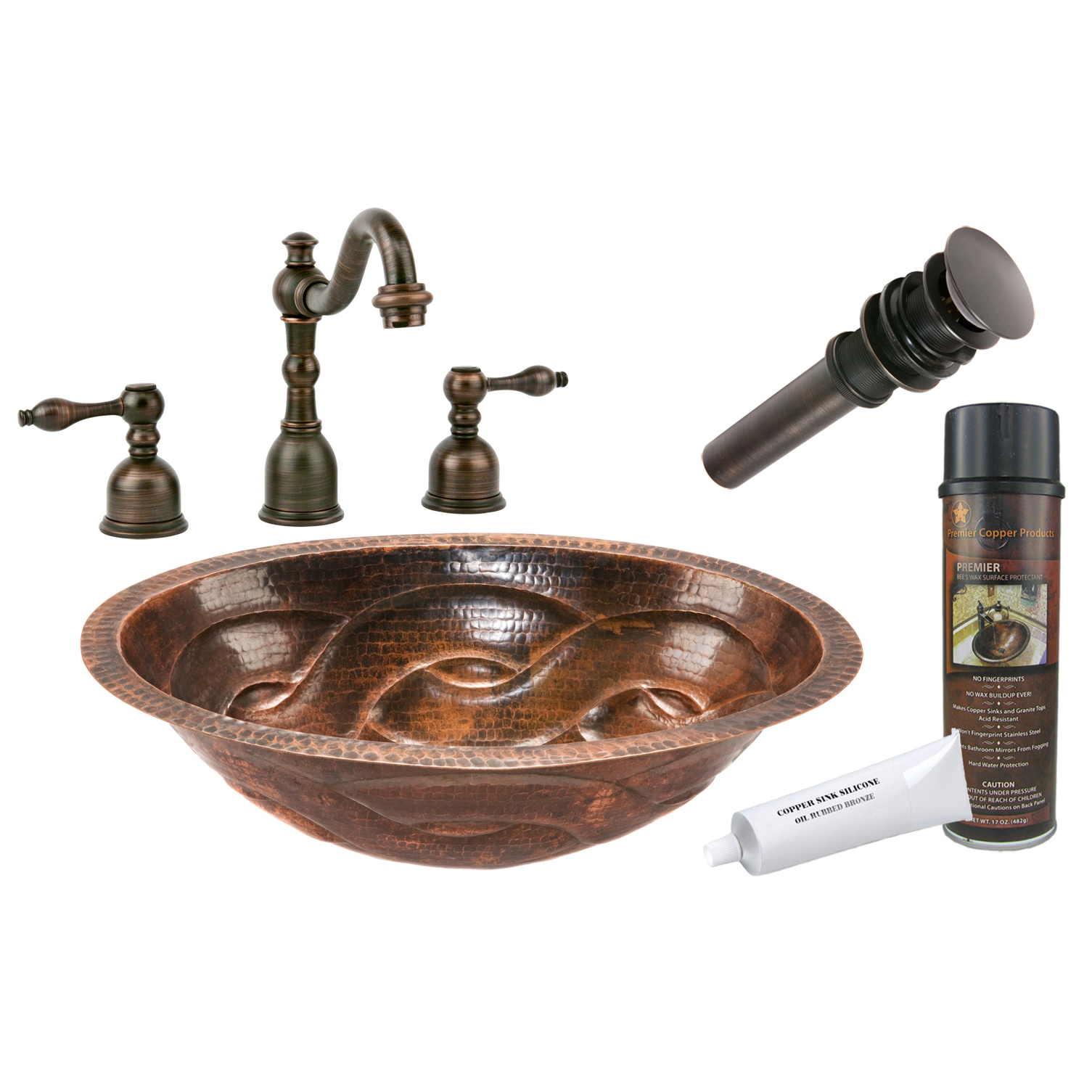 Oval Braid Under Counter Hammered Copper Sink, Faucet And Accessories Package, Oil Rubbed Bronze