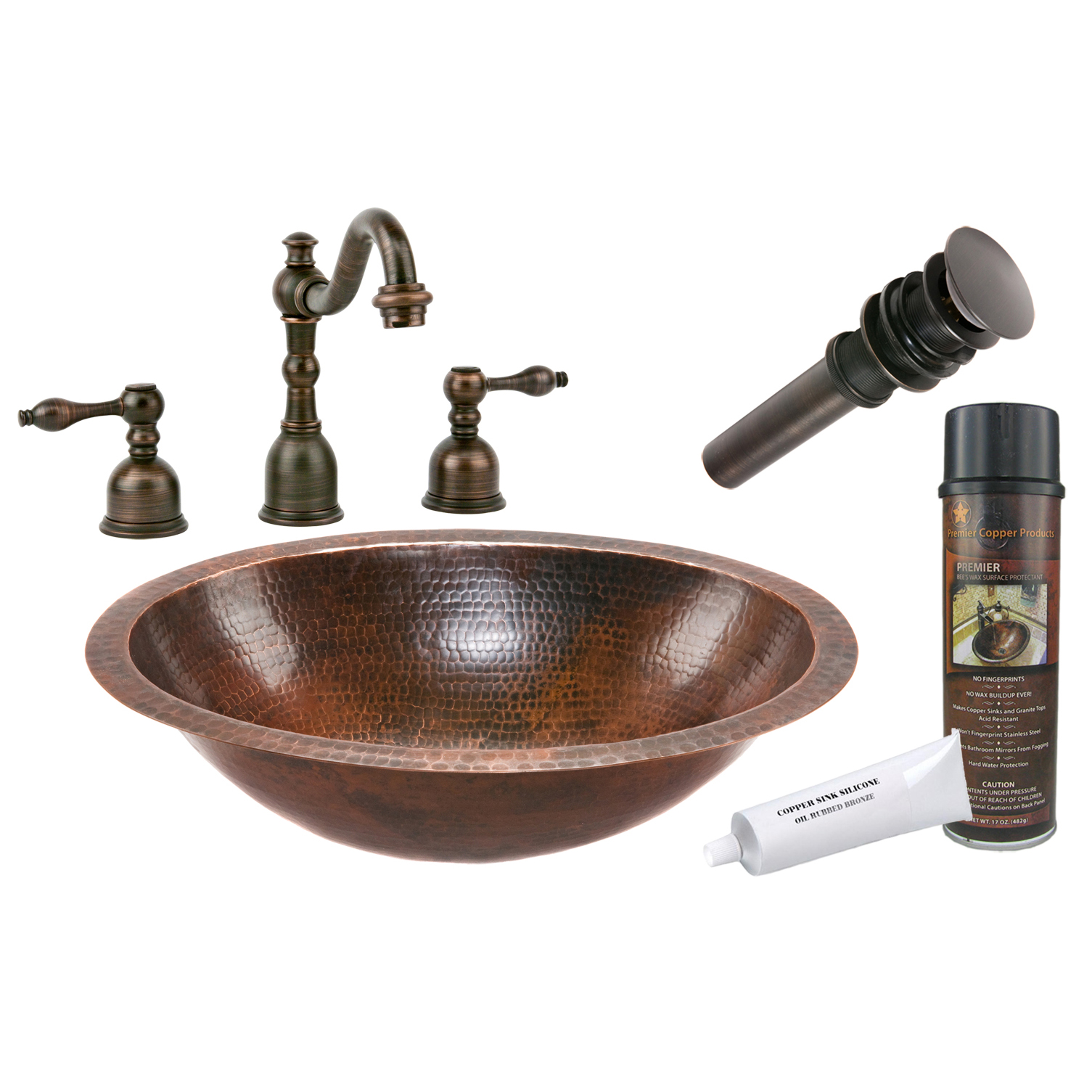 Oval Under Counter Hammered Copper Bathroom Sink, Faucet And Accessories Package, Oil Rubbed Bronze