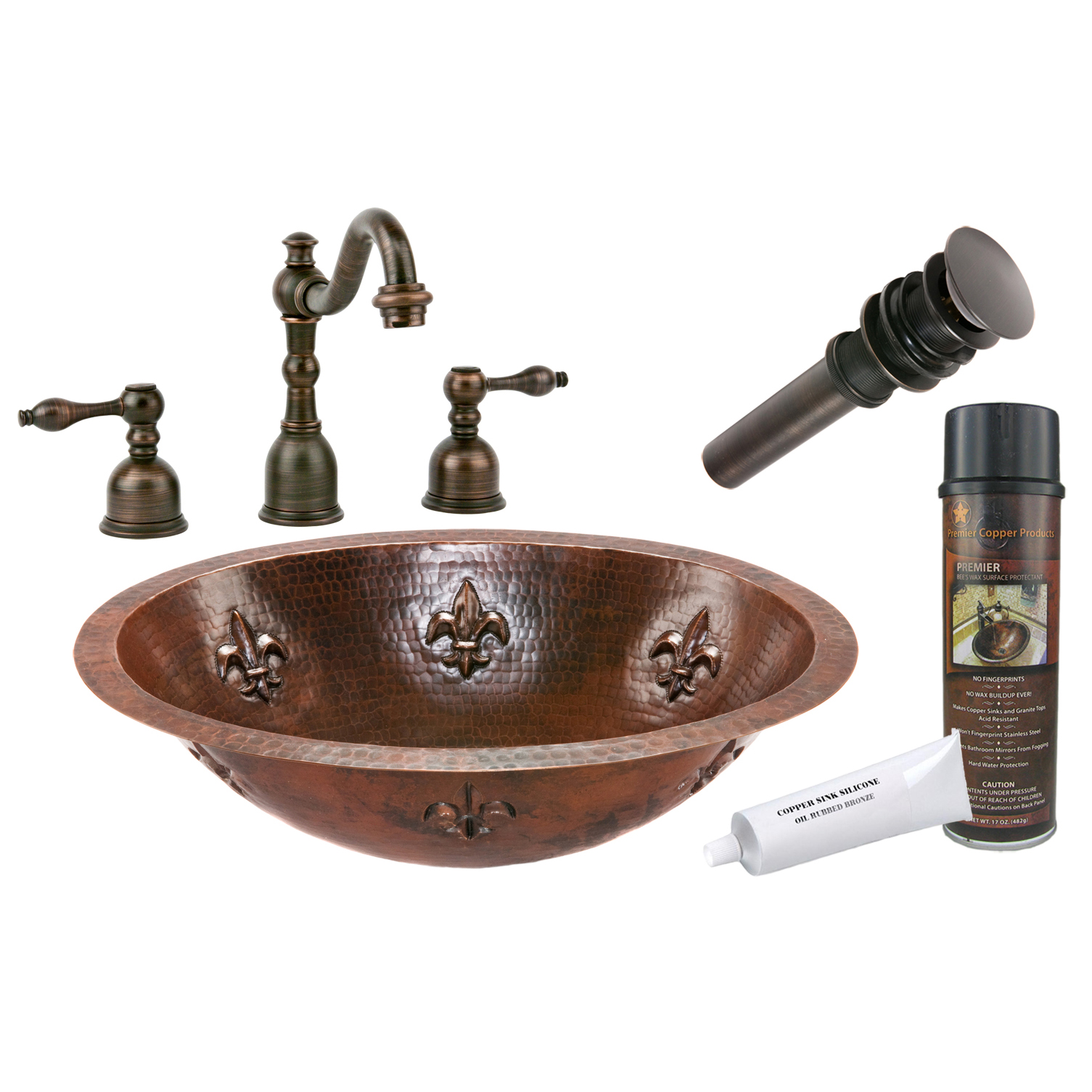 Oval Fleur De Lis Under Counter Hammered Copper Sink, Faucet And Accessories Package, Oil Rubbed Bronze