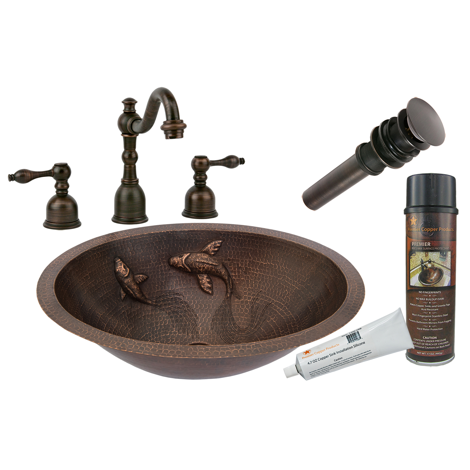 Oval Under Counter Hammered Copper Koi Bathroom Sink, Faucet And Accessories Package, Oil Rubbed Bronze