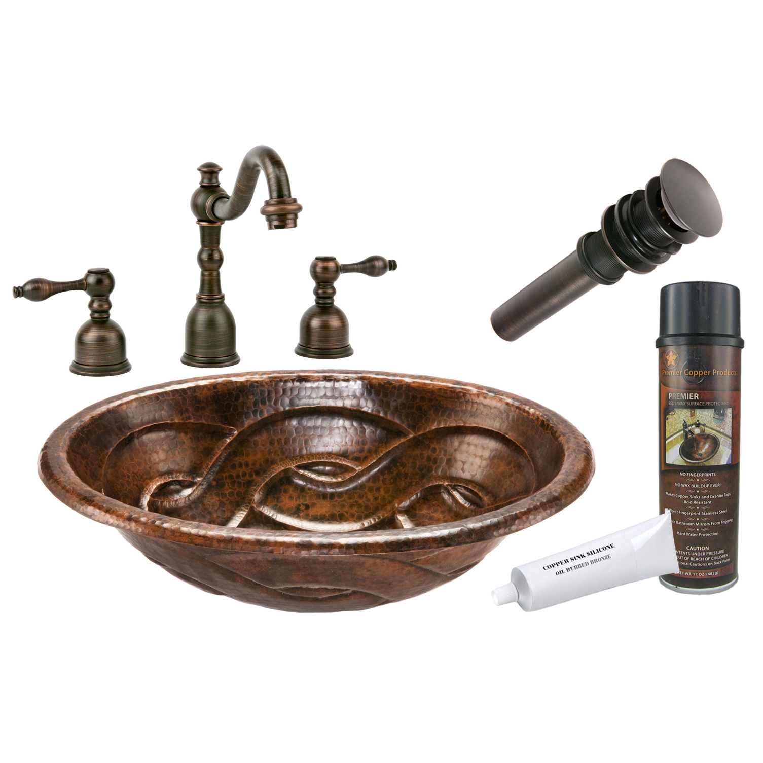 Oval Braid Self Rimming Hammered Copper Sink, Faucet And Accessories Package, Oil Rubbed Bronze