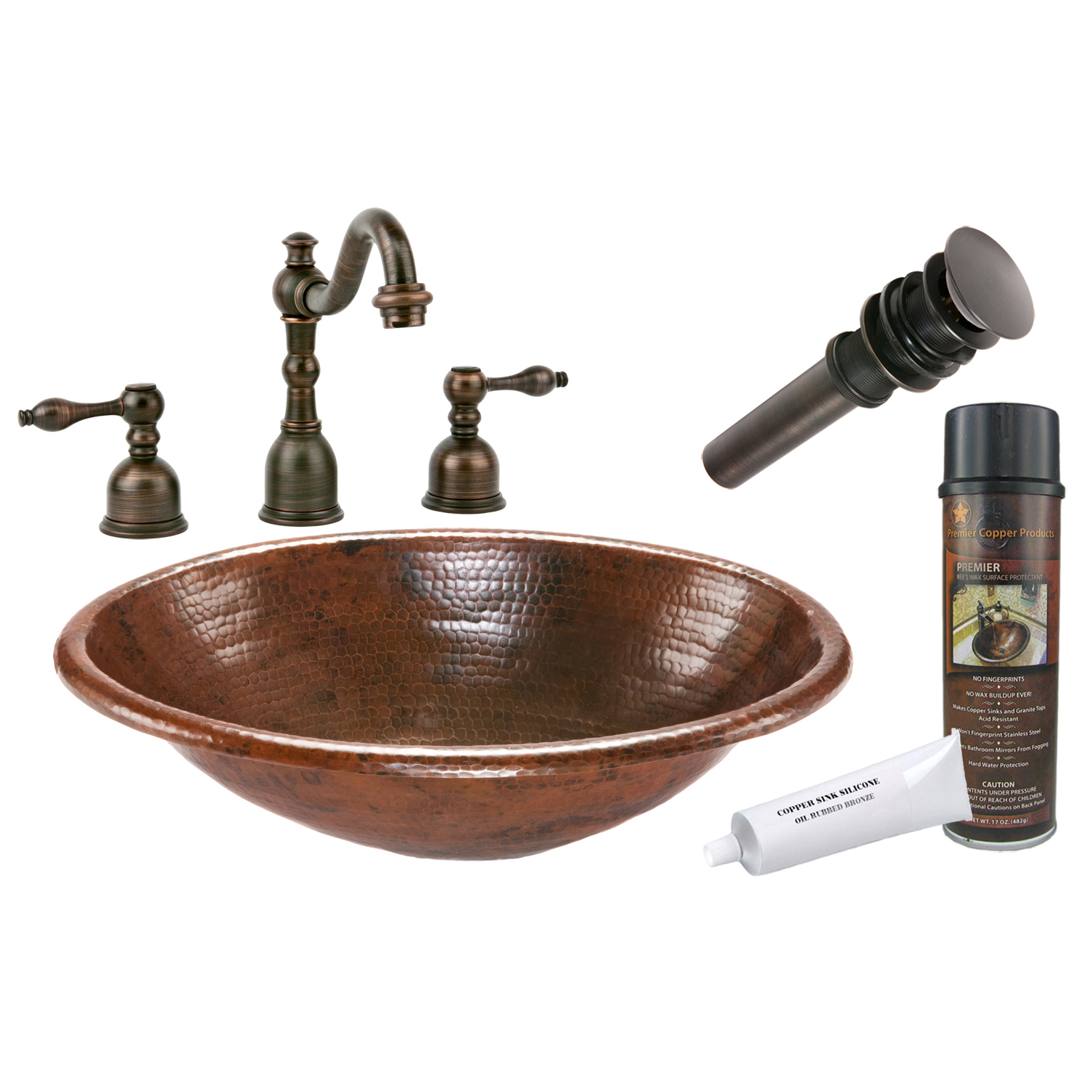 Oval Self Rimming Hammered Copper Sink, Faucet And Accessories Package, Oil Rubbed Bronze