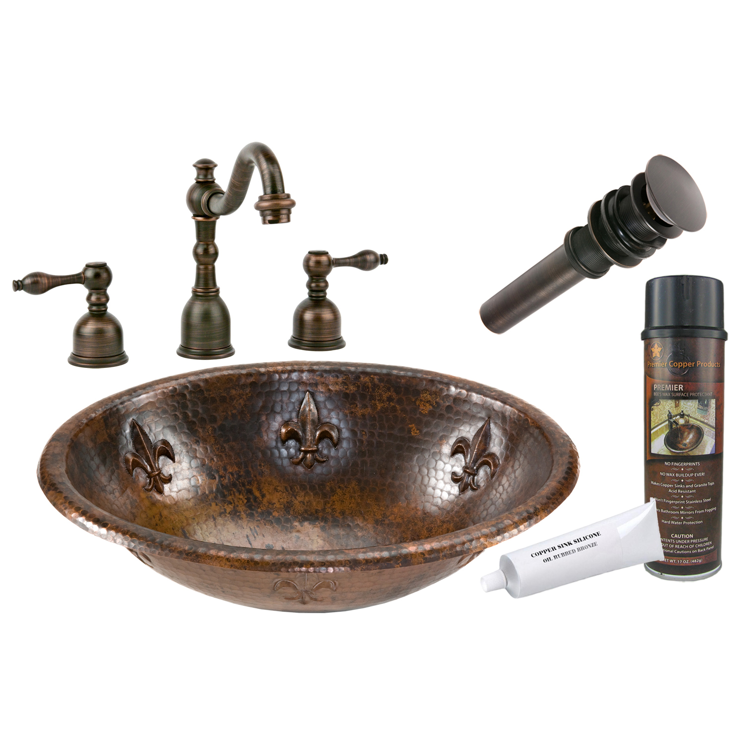 Oval Fleur De Lis Self Rimming Hammered Copper Sink, Faucet And Accessories Package, Oil Rubbed Bronze
