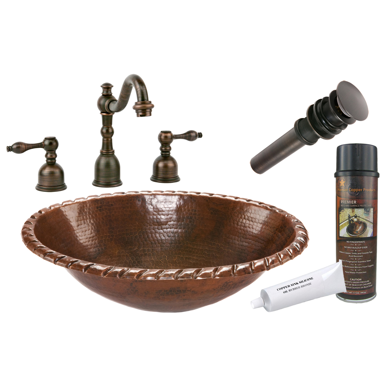Oval Roped Rim Self Rimming Hammered Copper Sink, Faucet And Accessories Package, Oil Rubbed Bronze