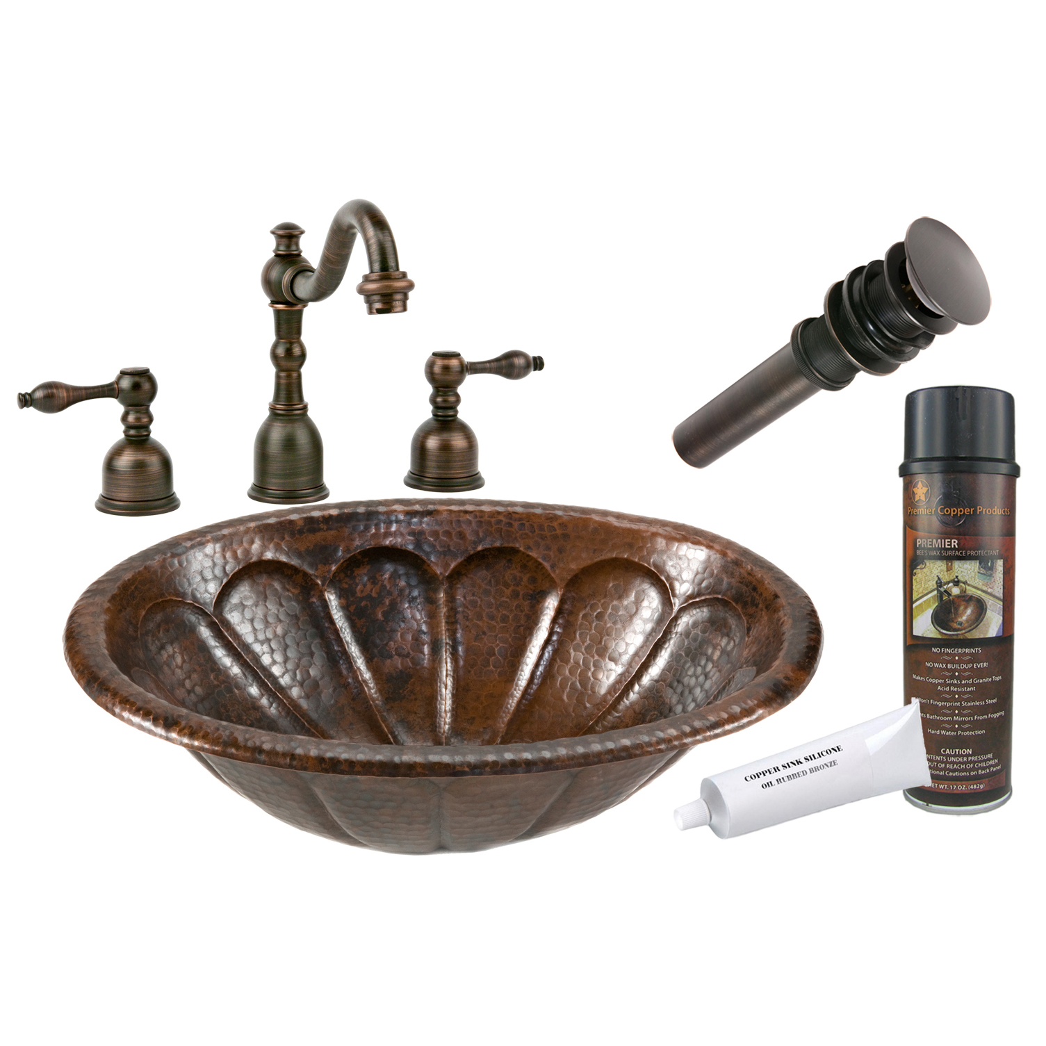 Oval Sunburst Self Rimming Hammered Coopper Sink, Faucet And Accessories Package, Oil Rubbed Bronze