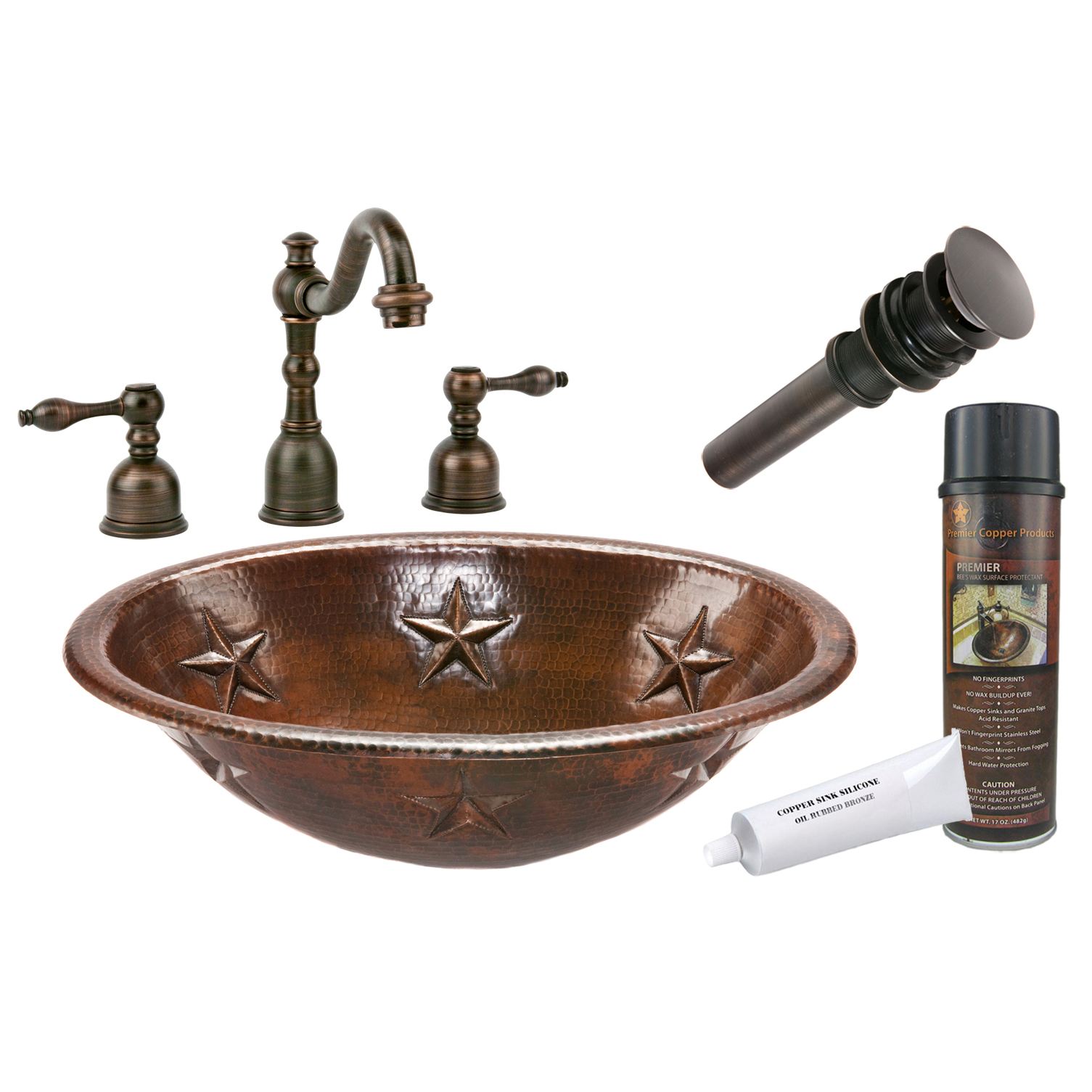 Oval Star Self Rimming Hammered Copper Sink, Faucet And Accessories Package, Oil Rubbed Bronze