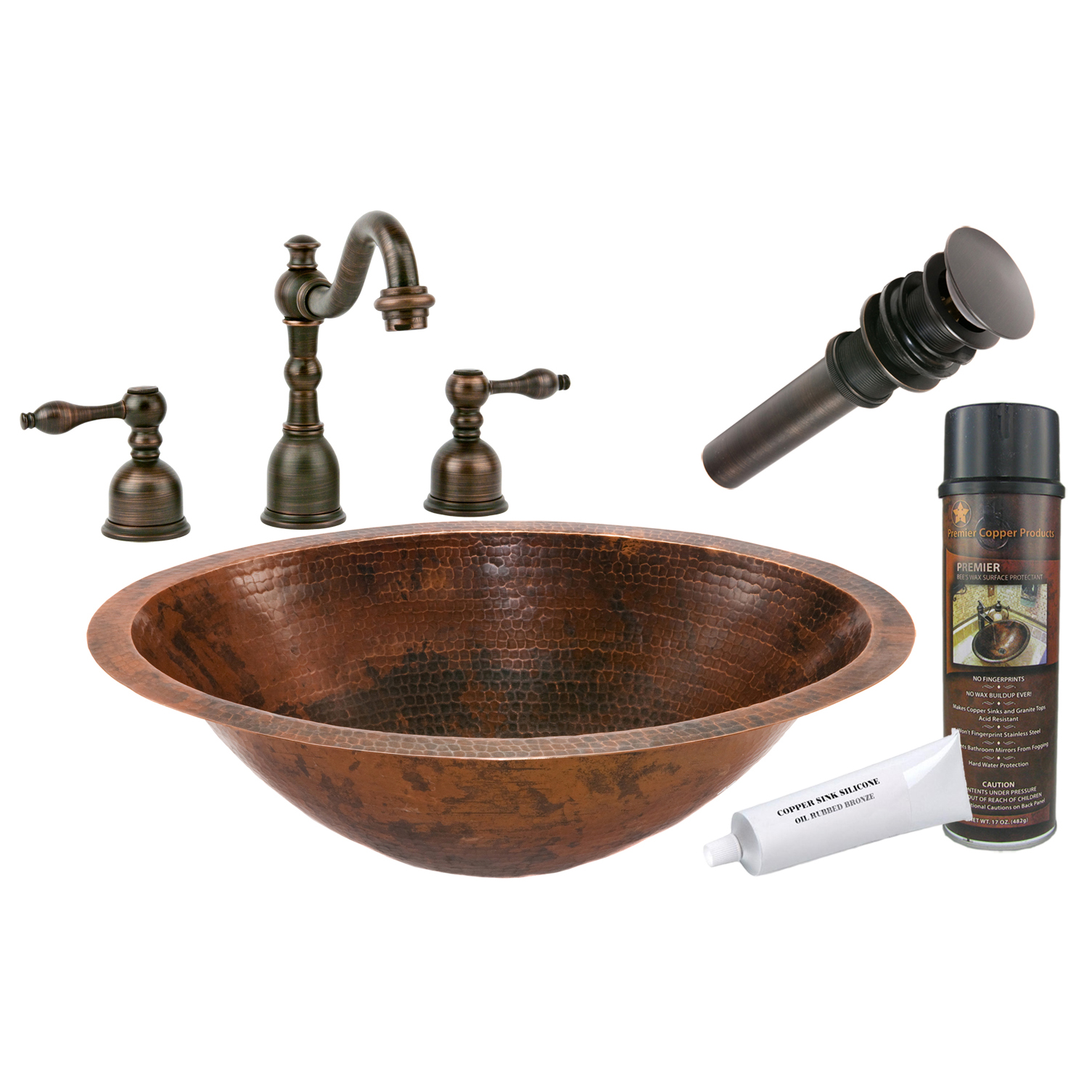 Master Bath Oval Under Counter Hammered Copper Bathroom Sink, Faucet And Accessories Package, Oil Rubbed Bronze