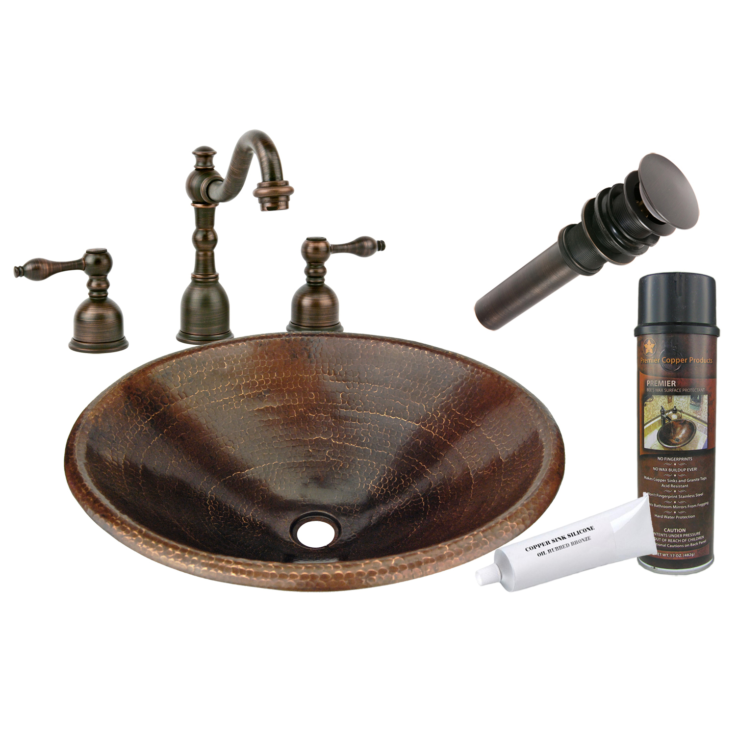 Master Bath Oval Self Rimming Hammered Copper Bathroom Sink, Faucet And Accessories Package, Oil Rubbed Bronze