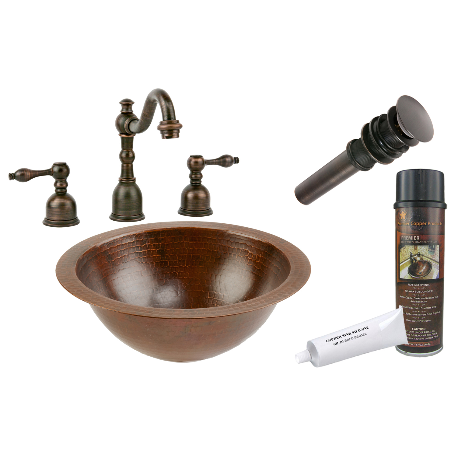 Small Round Under Counter Hammered Copper Sink, Faucet And Accessories Package, Oil Rubbed Bronze