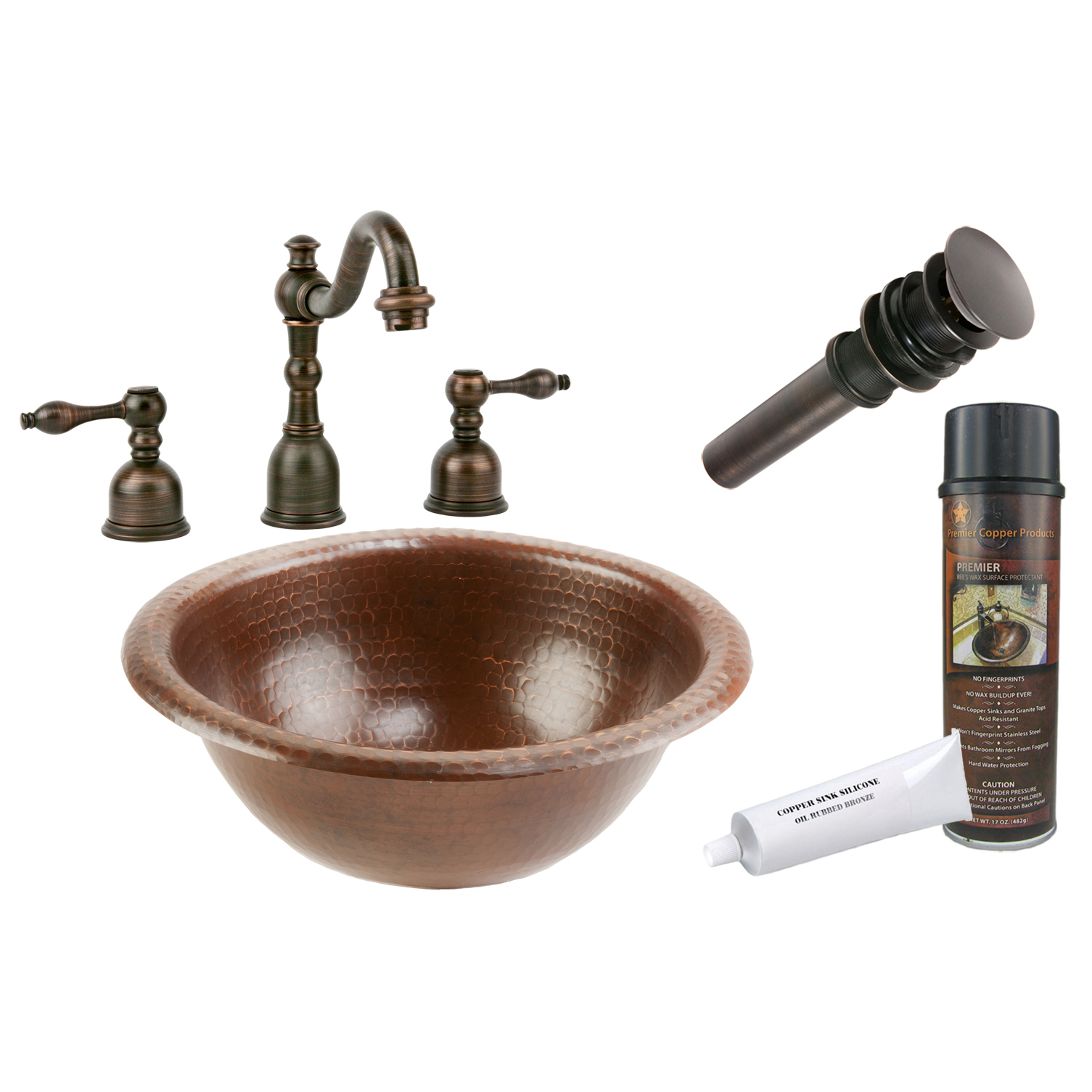 Small Round Self Rimming Hammered Copper Sink, Faucet And Accessories Package, Oil Rubbed Bronze