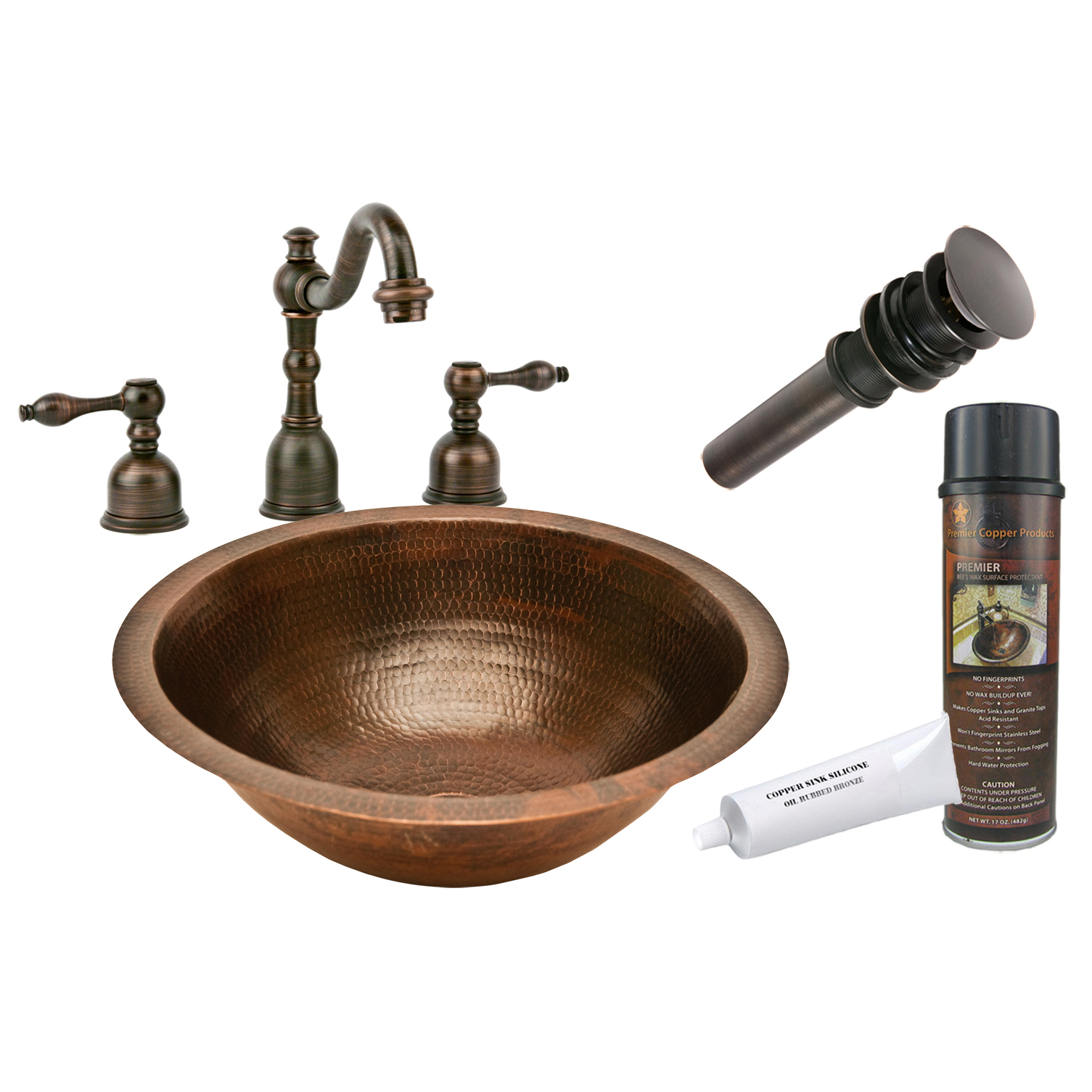 Round Under Counter Hammered Copper Sink, Faucet And Accessories Package, Oil Rubbed Bronze