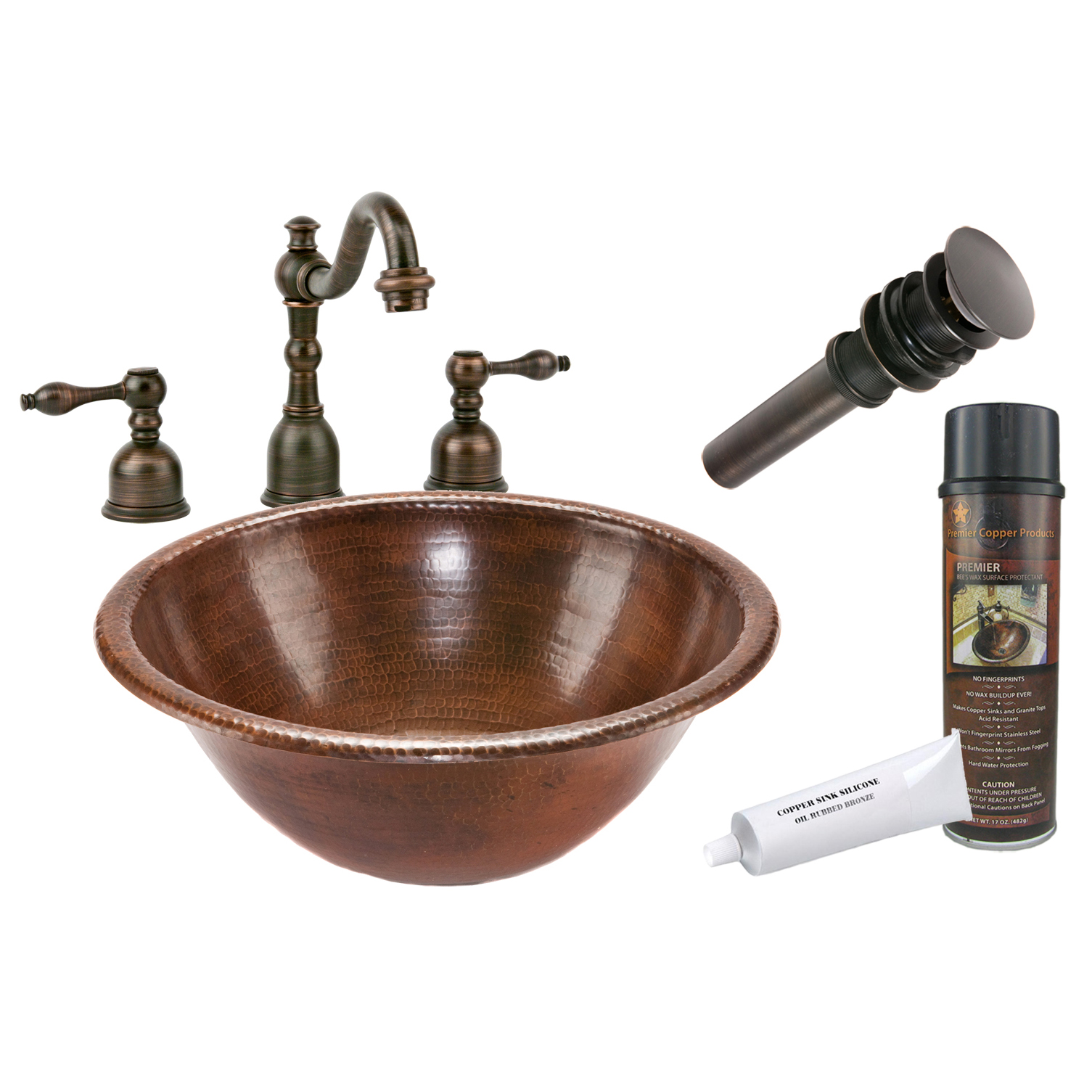 Round Self Rimming Hammered Copper Sink, Faucet And Accessories Package, Oil Rubbed Bronze