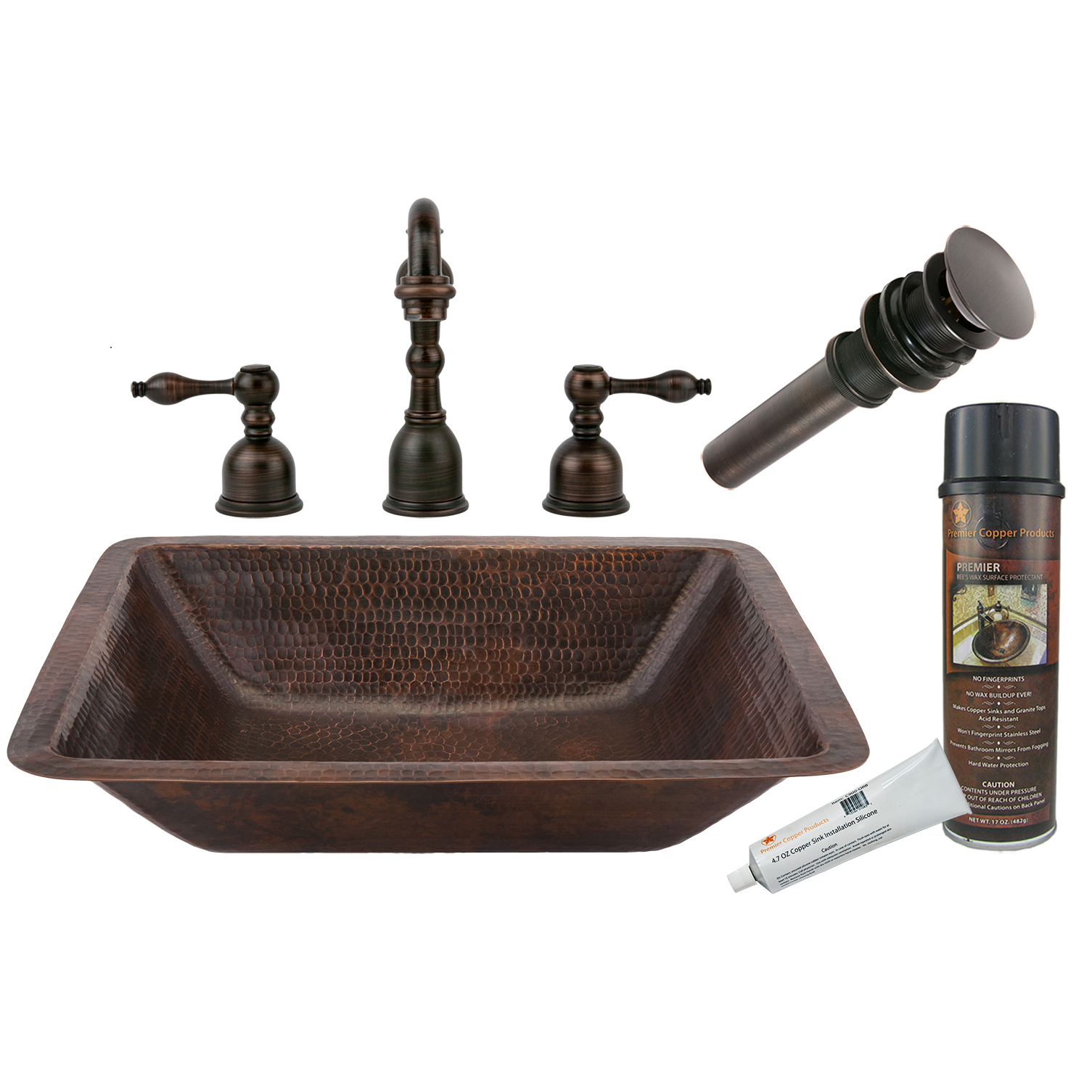 Rectangle Under Counter Hammered Copper Bathroom Sink, Faucet And Accessories Package, Oil Rubbed Bronze