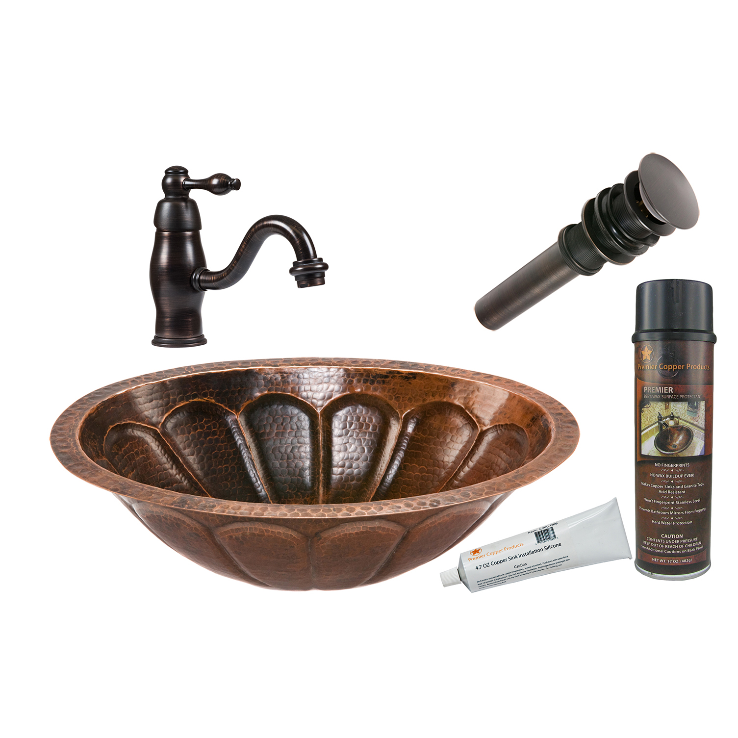 Oval Sunbrst Under Counter Hammered Copper Sink, Faucet And Accessories Package, Oil Rubbed Bronze