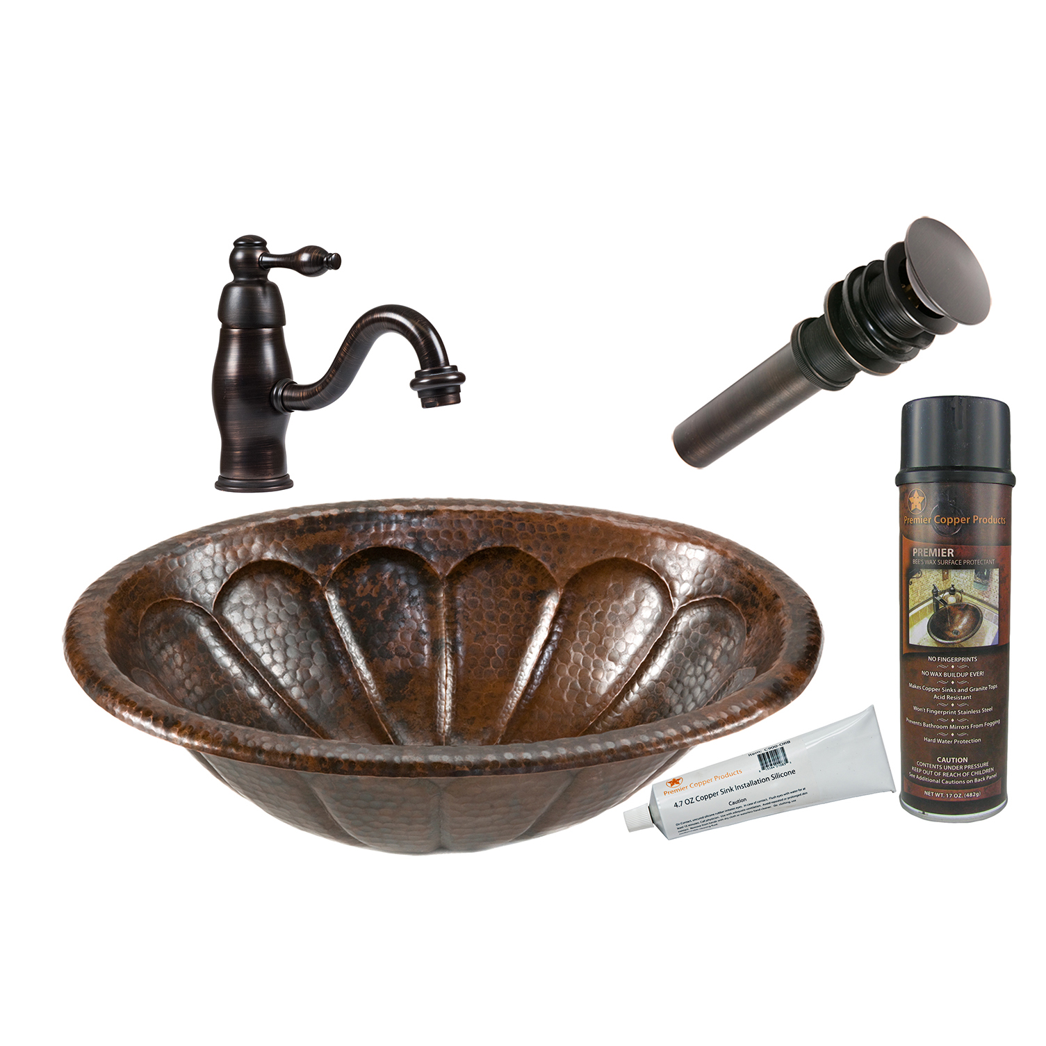 Oval Sunburst Self Rimming Hammered Copper Sink, Faucet And Accessories Package, Oil Rubbed Bronze