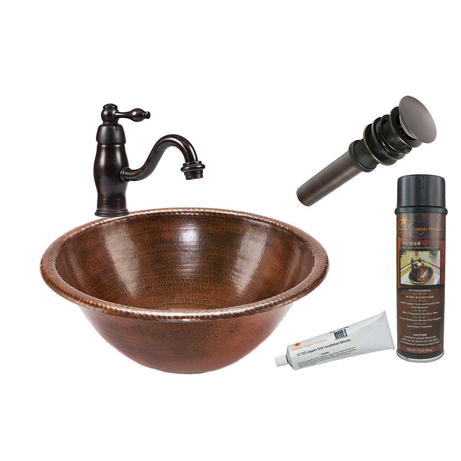 Round Self Rimming Hammered Copper Bathroom Sink, Faucet And Accessories Package, Oil Rubbed Bronze