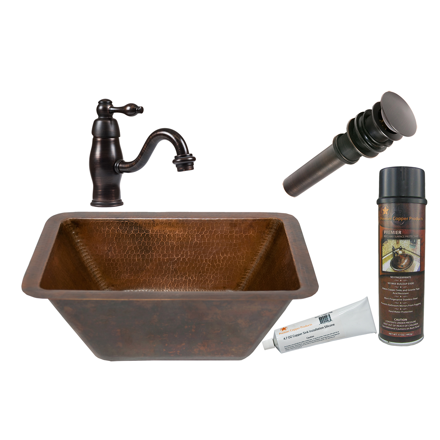 Rectangular Hammered Copper Bathroom Sink, Faucet And Accessories Package, Oil Rubbed Bronze