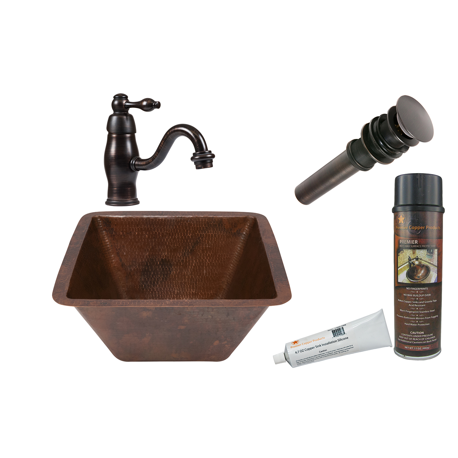 Square Under Counter Hammered Copper Bathroom Sink, Faucet And Accessories Package, Oil Rubbed Bronze