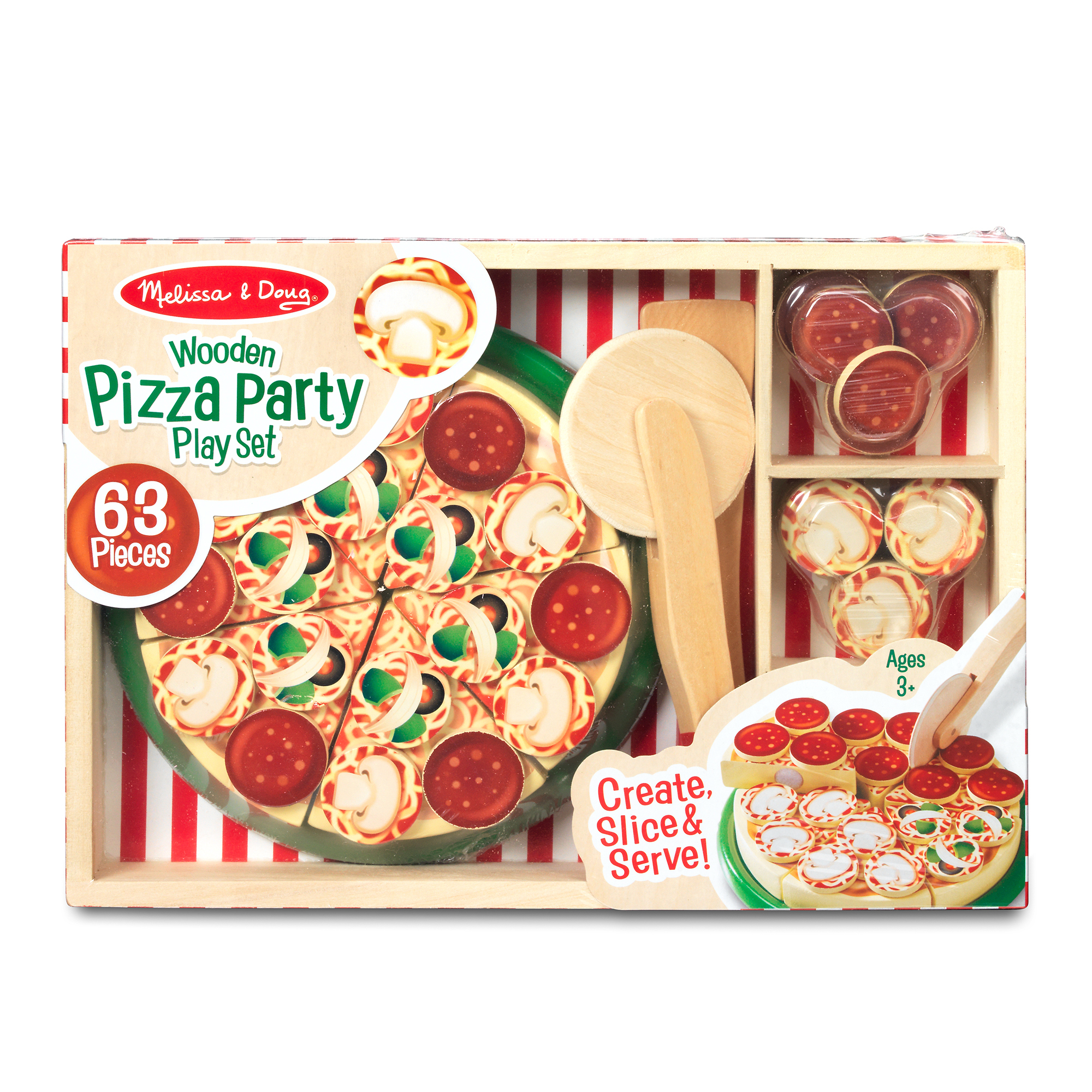 Pizza Party Wooden Play Food, Pretend Play Pizza Set, Self-sticking Tabs, 54+ Pieces, 1.8? H ? 9? W ? 13.3? L