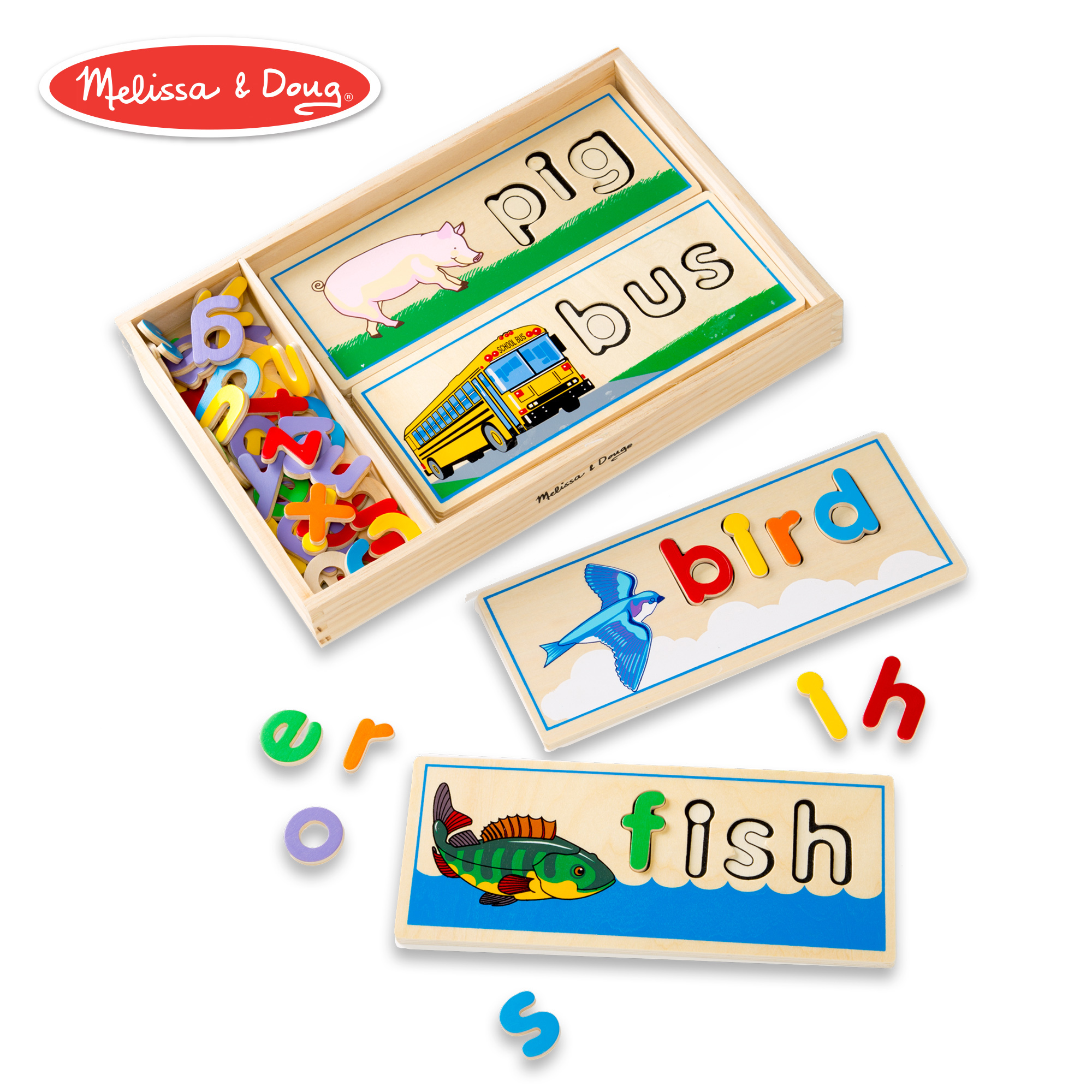 See & Spell Learning Toy, Developmental Toys, Wooden Case, Develops Vocabulary And Spelling Skills, 50+ Wooden Pieces