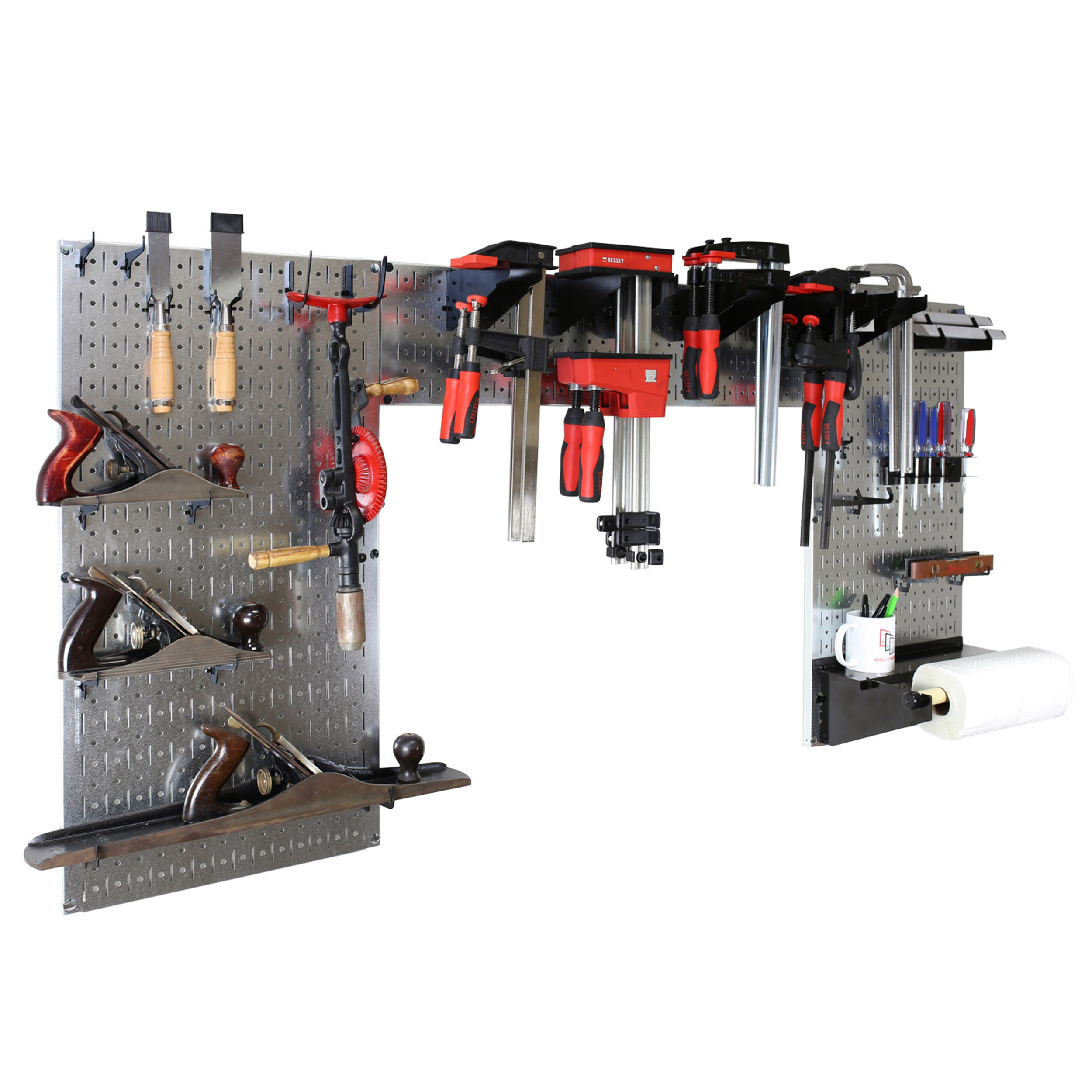 product: Wall Control Storage Systems Lazy Guy DIY Maker Woodworking Tool Storage Organizer Set, Galvanized Metallic Steel shown