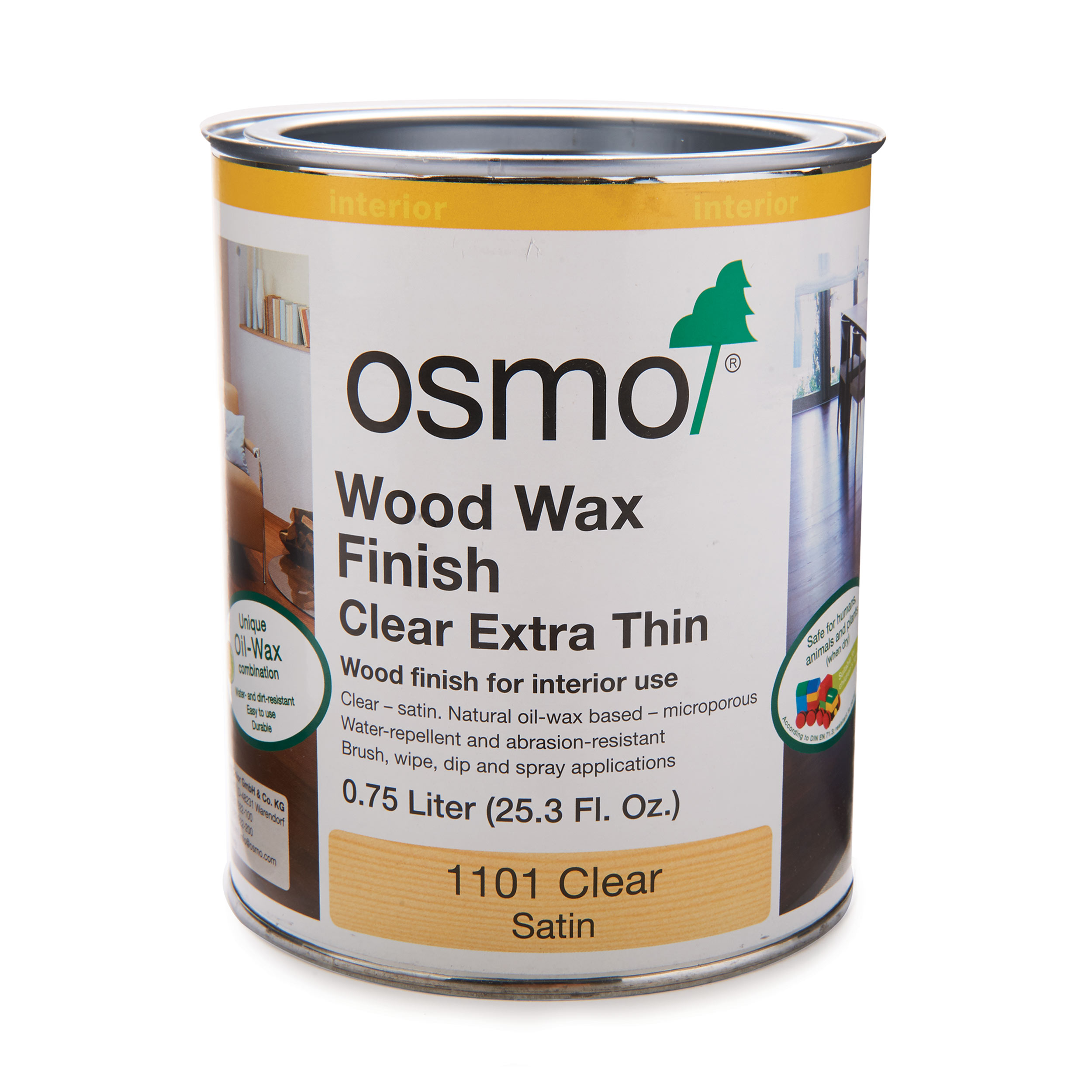 product: osmo Wood Wax Finish - 1101 Clear Extra Thin - Satin - Solvent Based - .75 L shown