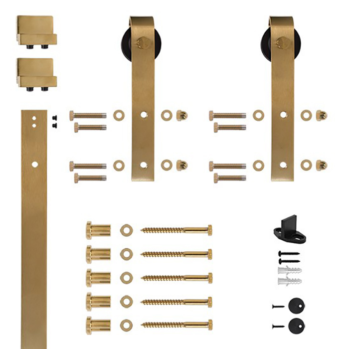 96 In. Soft-close Satin Brass Pvd Hook Strap Rolling Door Hardware Kit For Wood Door