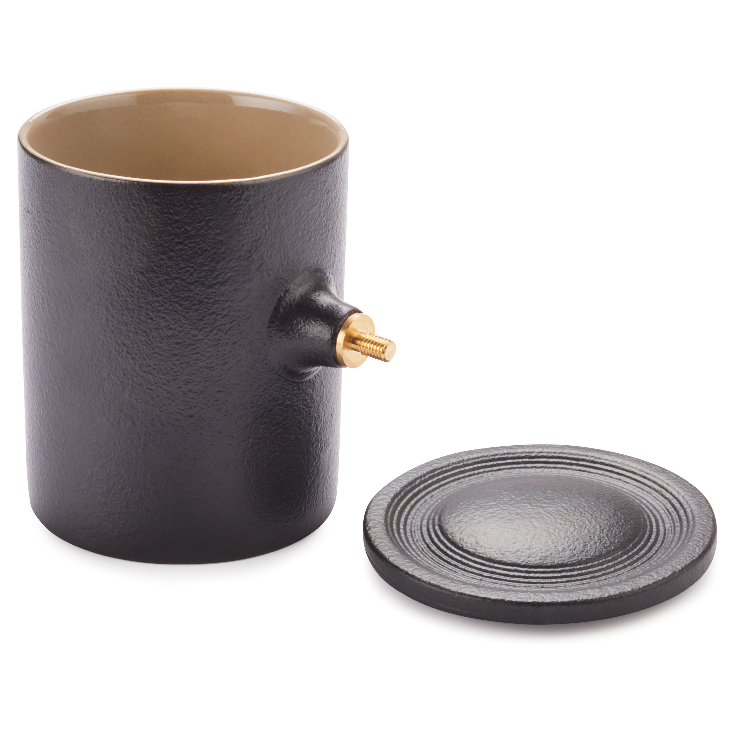 product: WoodRiver Ceramic Coffee Mug Turning Kit w/ Ceramic Lid - Black and Tan - 12 oz shown