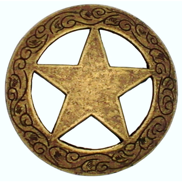 product: Buck Snort Lodge Star Knob with Engraved Edge, Brass Oxide shown