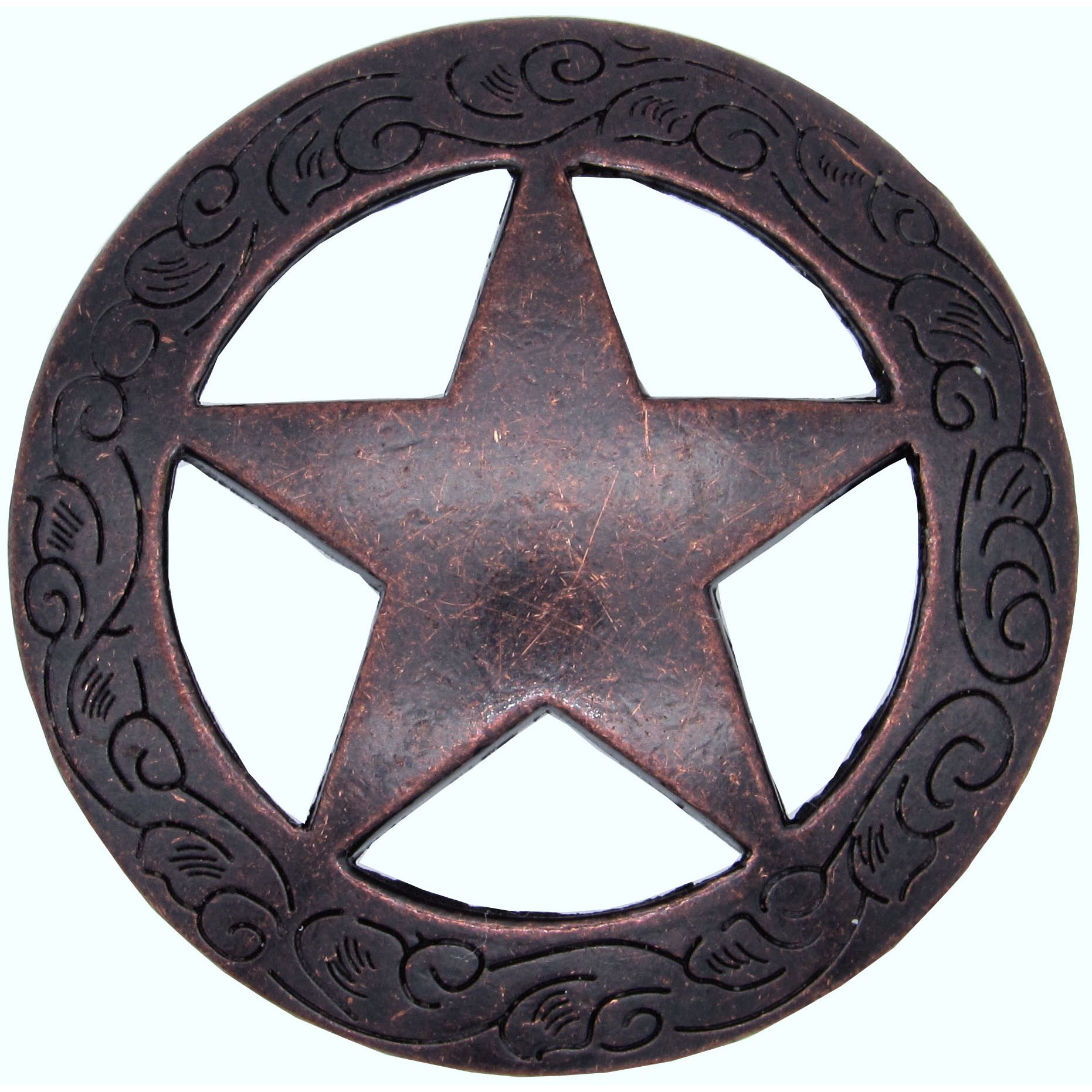 product: Buck Snort Lodge Star Knob with Engraved Edge, Rust Copper shown