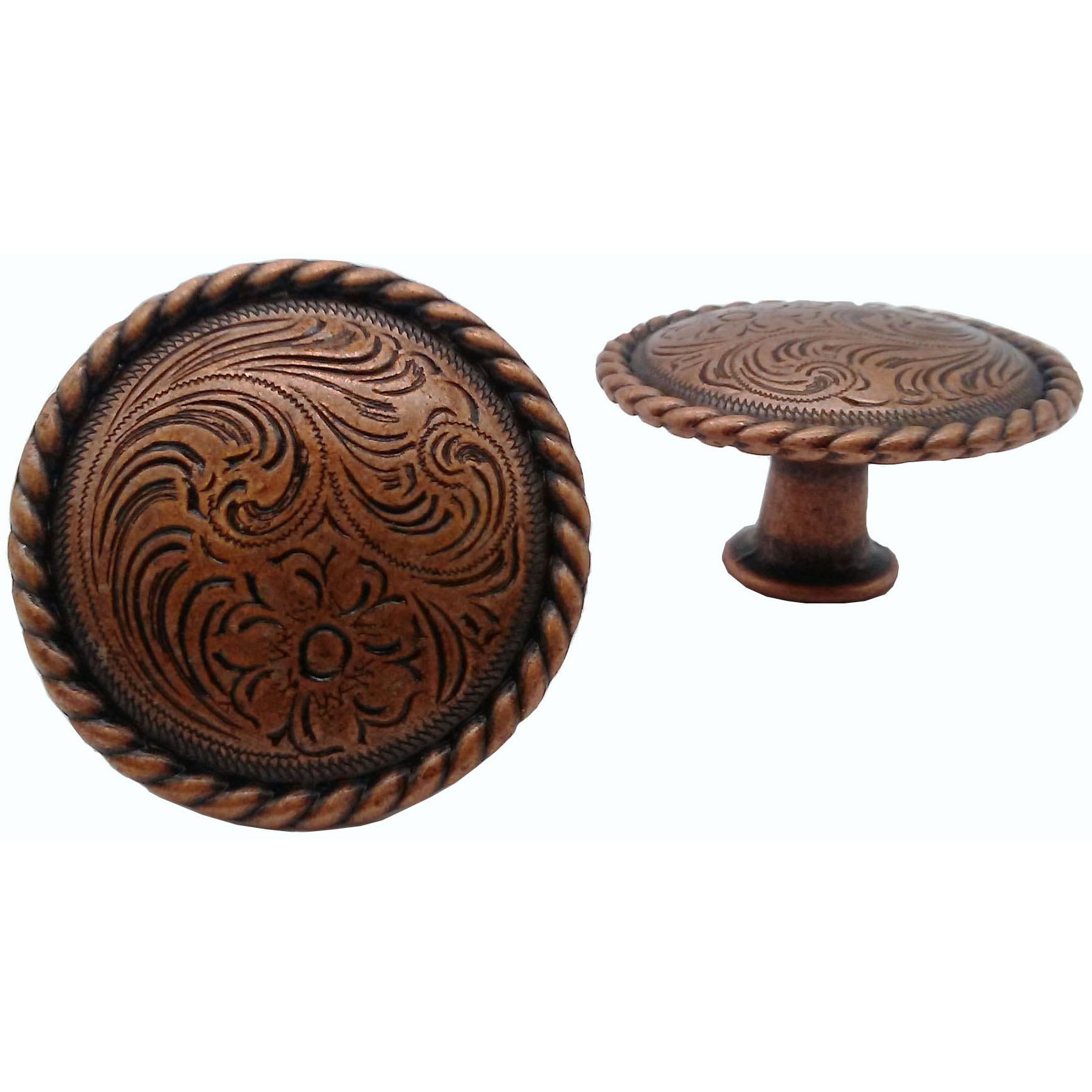 product: Buck Snort Lodge Engraved Flower Knob, Copper Oxide shown