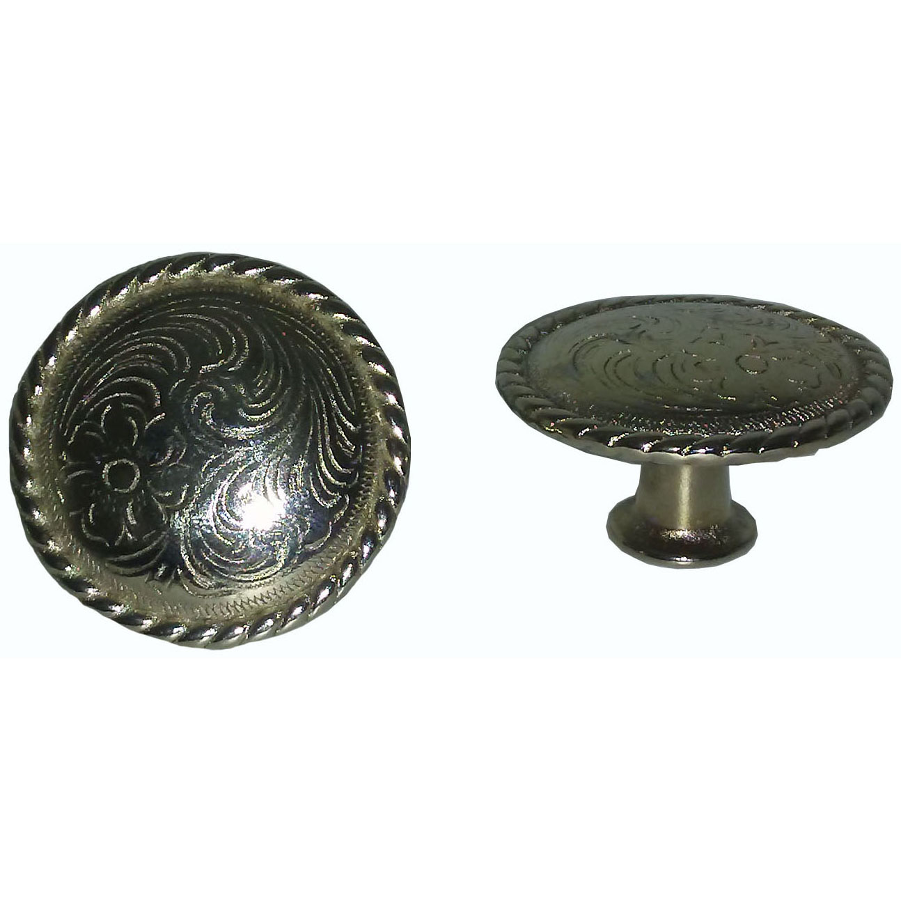 product: Buck Snort Lodge Engraved Flower Knob, Nickel shown