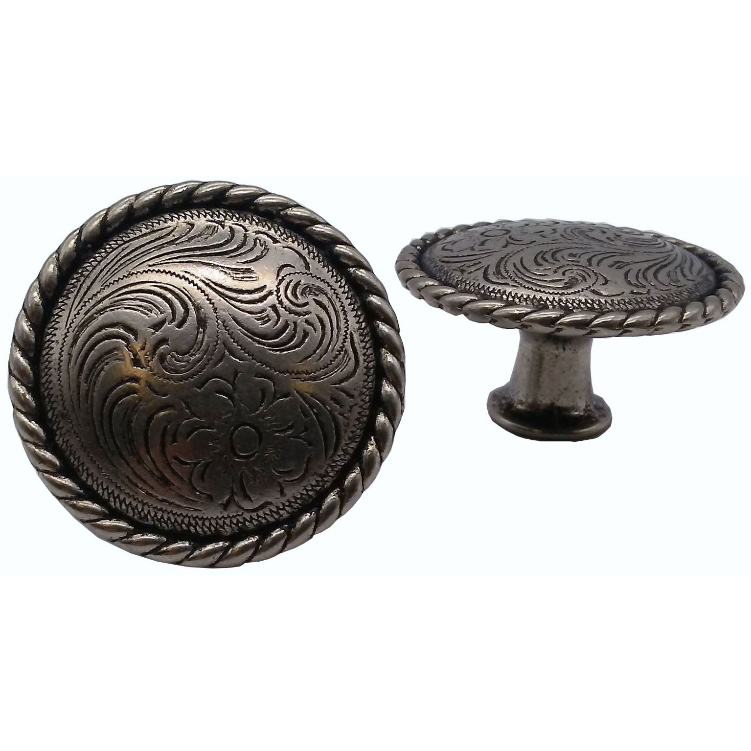 product: Buck Snort Lodge Engraved Flower Knob, Nickel Oxide shown