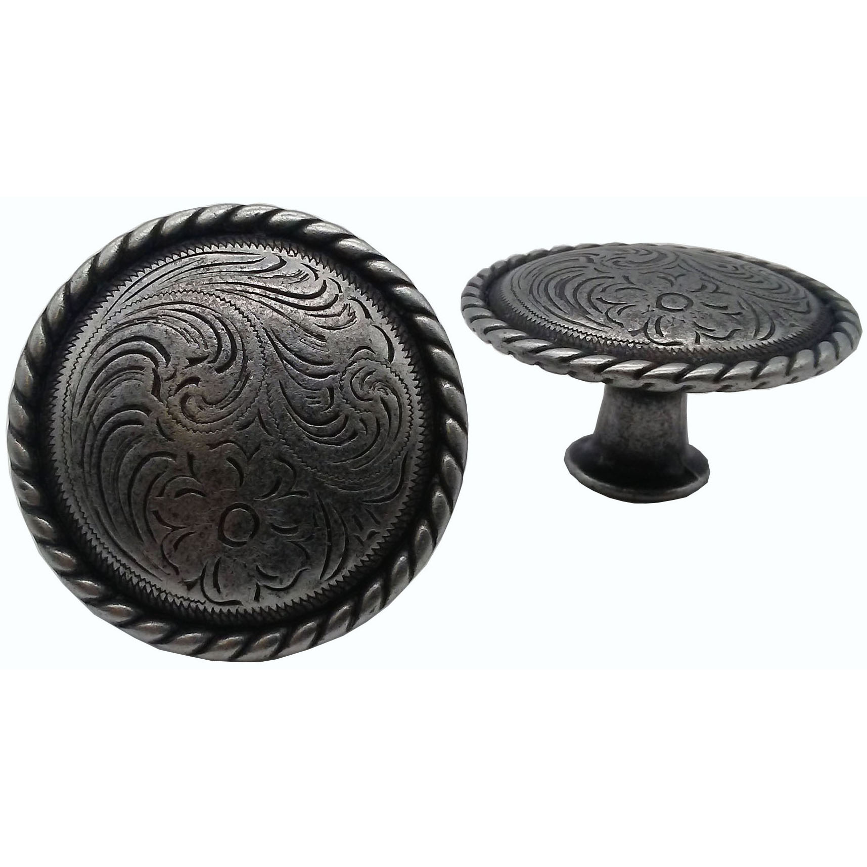 product: Buck Snort Lodge Engraved Flower Knob, Pewter Oxide shown