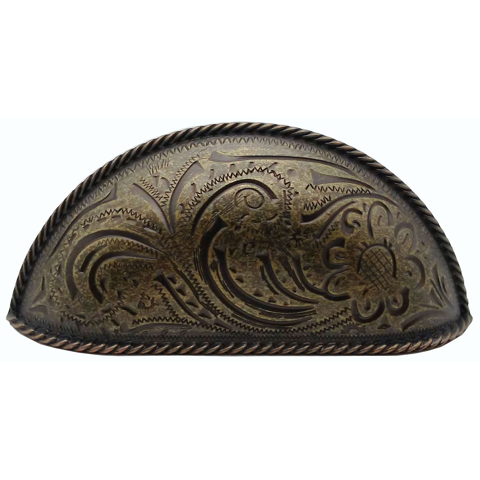 product: Buck Snort Lodge Engraved Flower Cup Pull, Brass Oxide shown