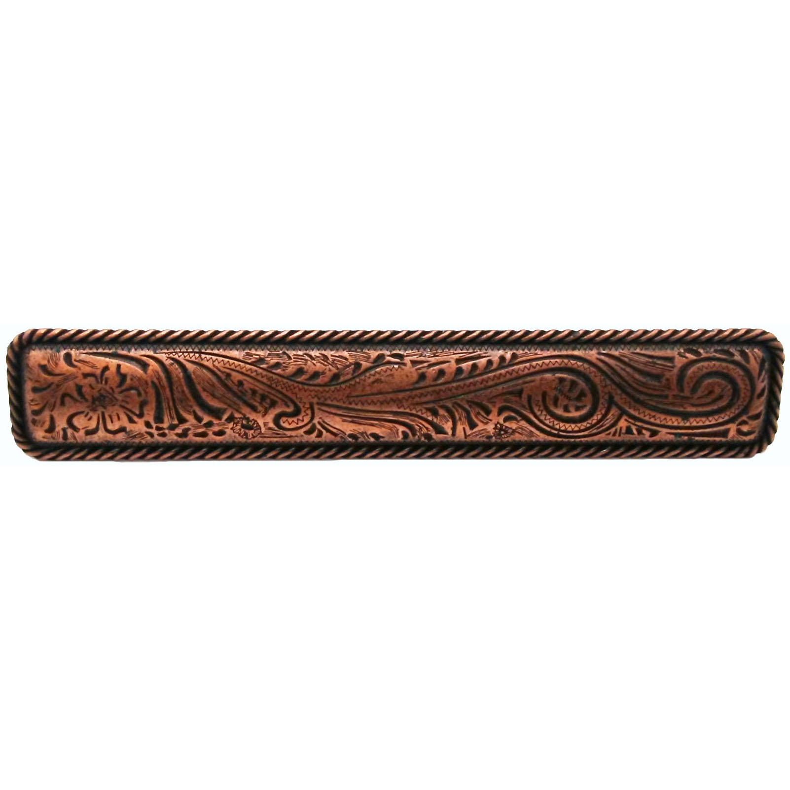 product: Buck Snort Lodge Large Engraved Flower Pull, Copper Oxide shown