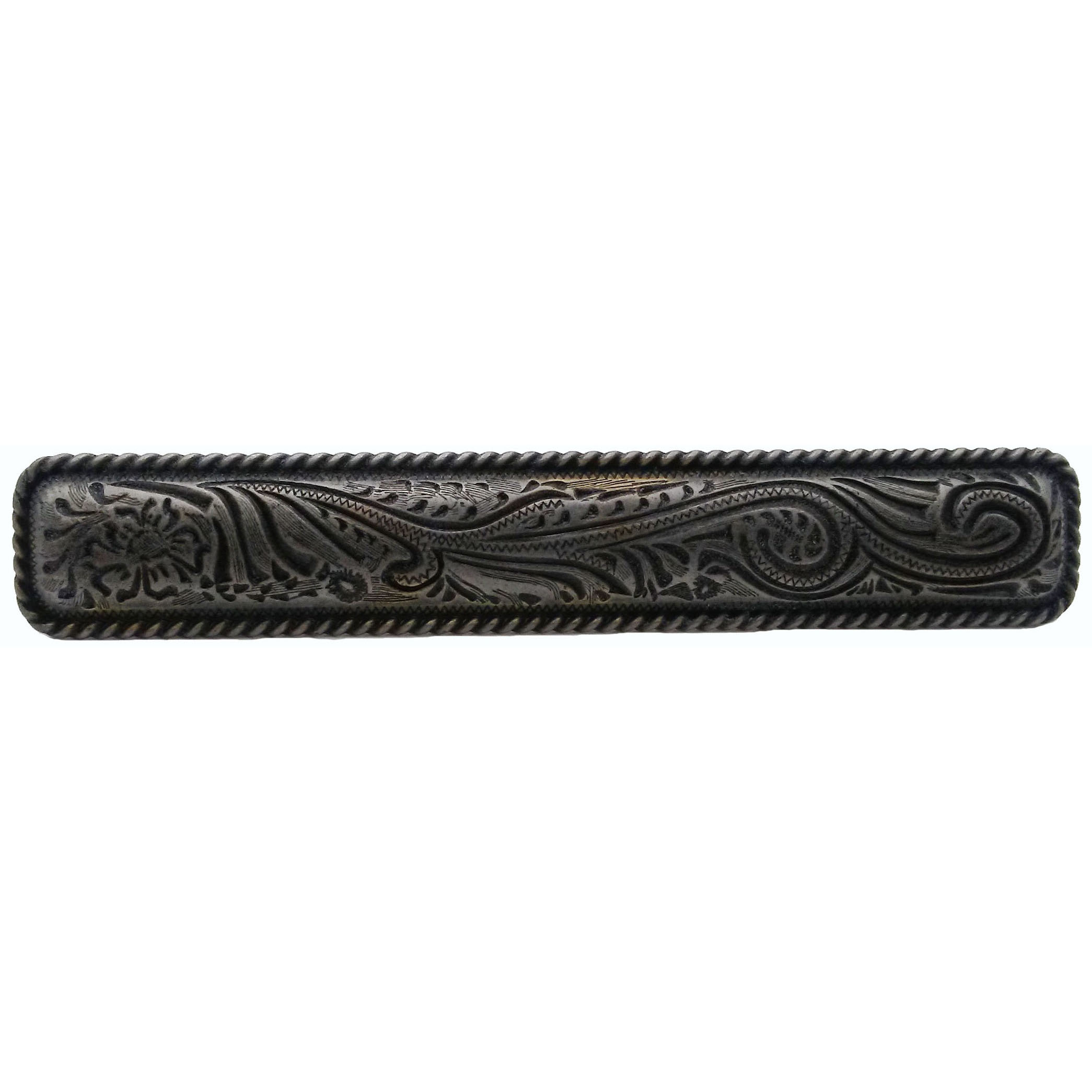 product: Buck Snort Lodge Large Engraved Flower Pull, Pewter Oxide shown