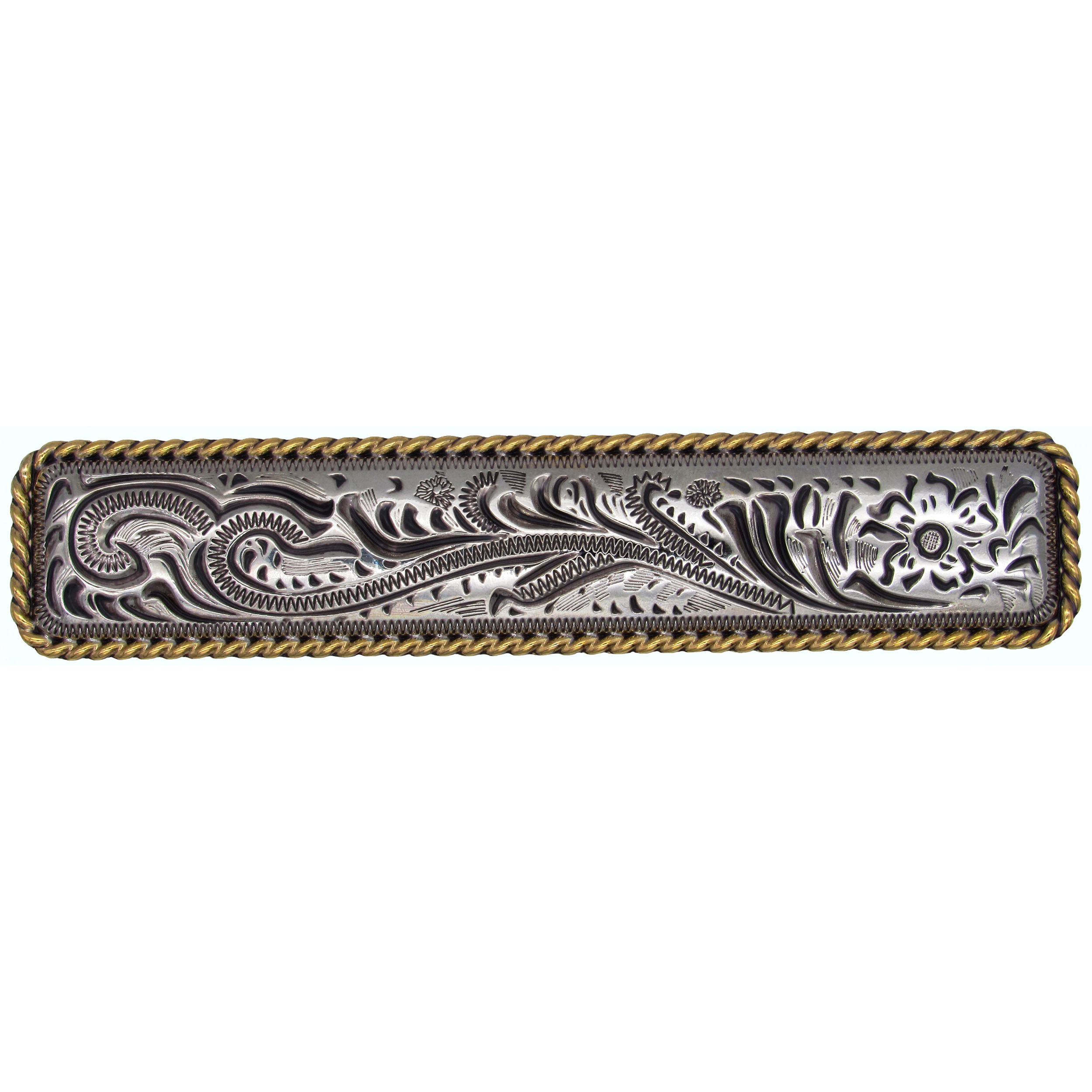 product: Buck Snort Lodge Small Engraved Flower Pull, Old Silver/Gold shown