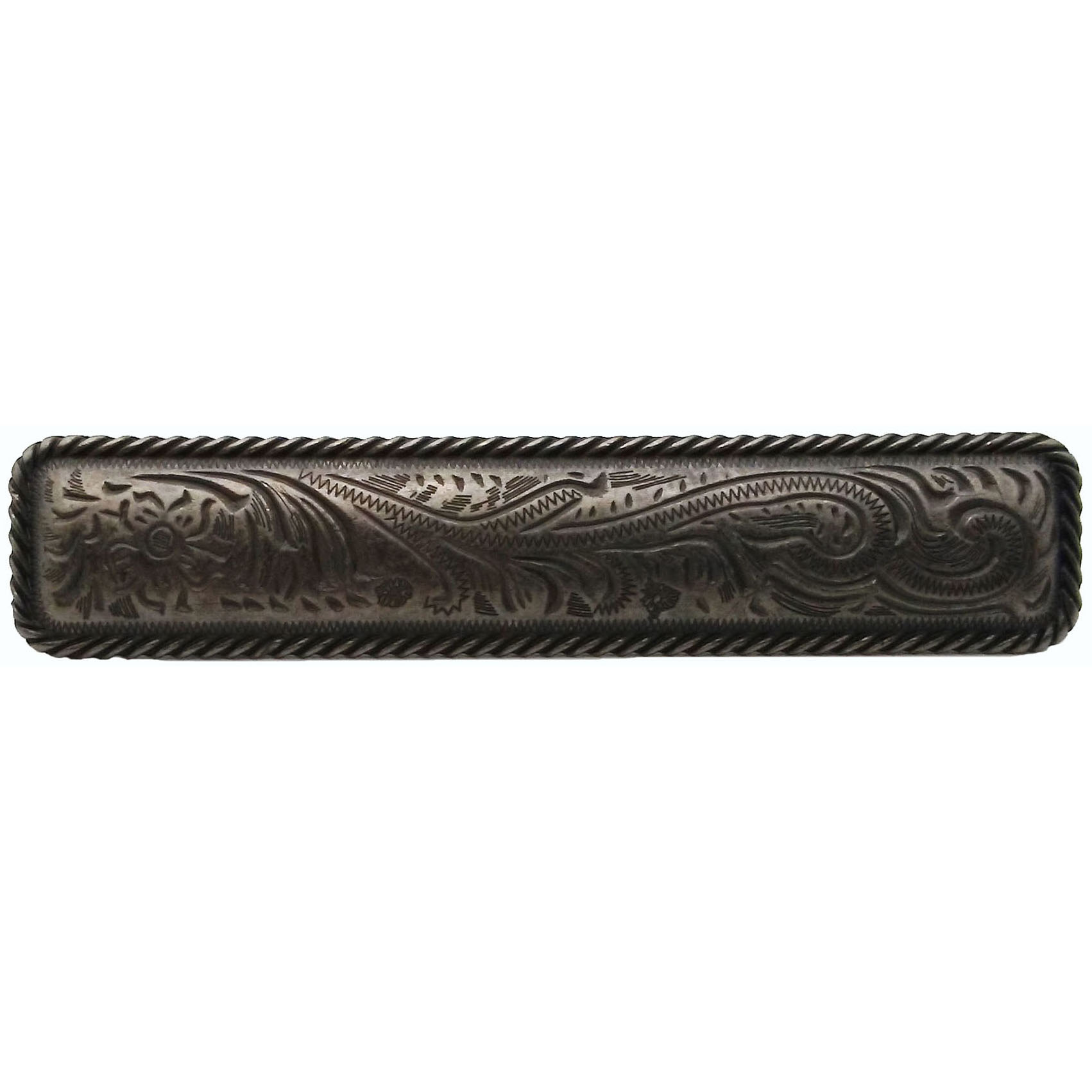product: Buck Snort Lodge Small Engraved Flower Pull, Pewter Oxide shown